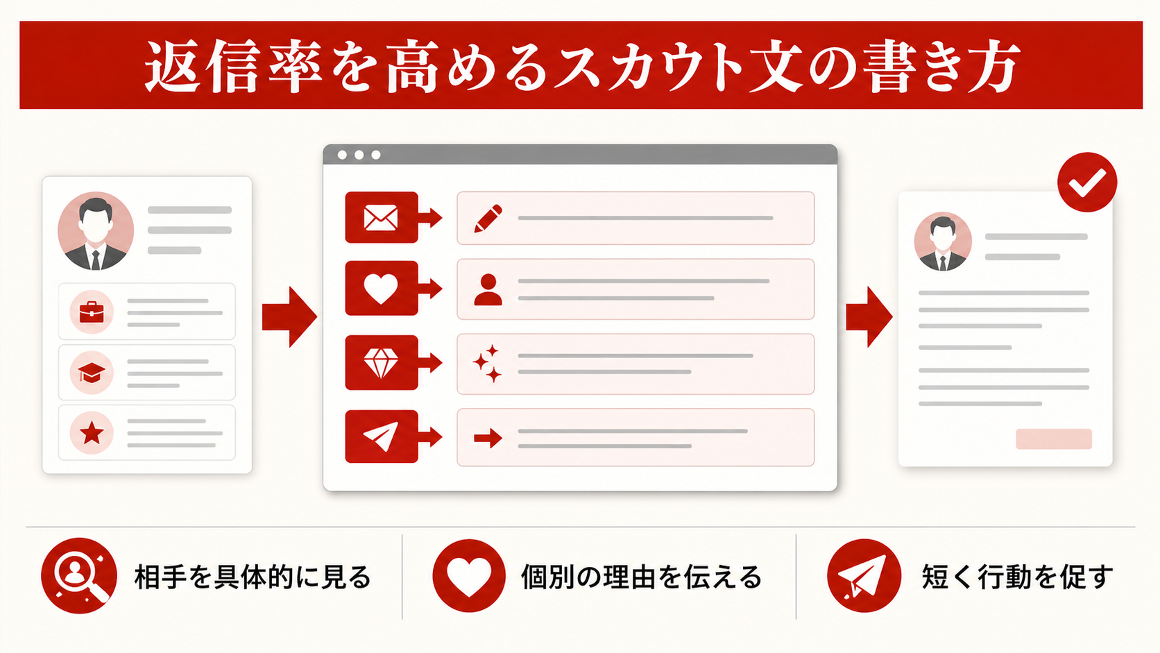 刺さるスカウト文の要素を示すステップ図(達人ラボ)
