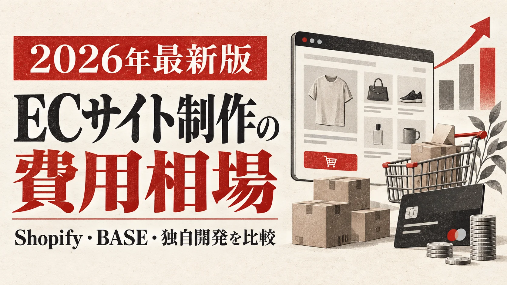 ECサイト制作の費用相場｜Shopify・BASE・独自開発の料金を比較【2026年版】｜アイキャッチ