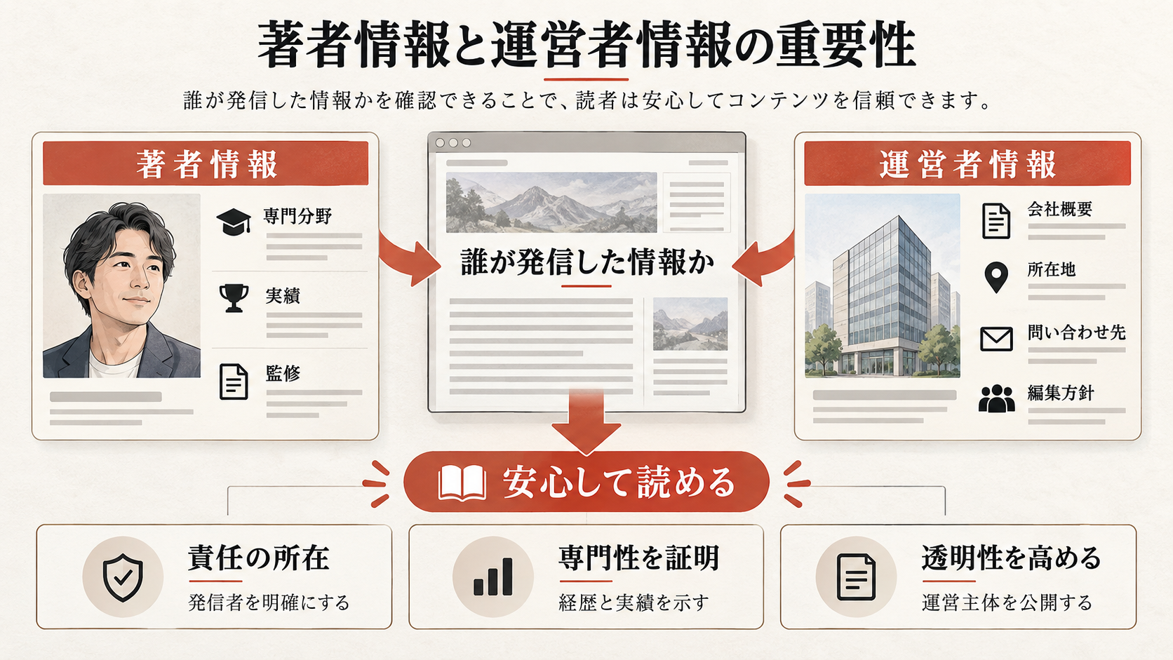 著者情報と運営者情報の重要性を整理した図解(達人ラボ)