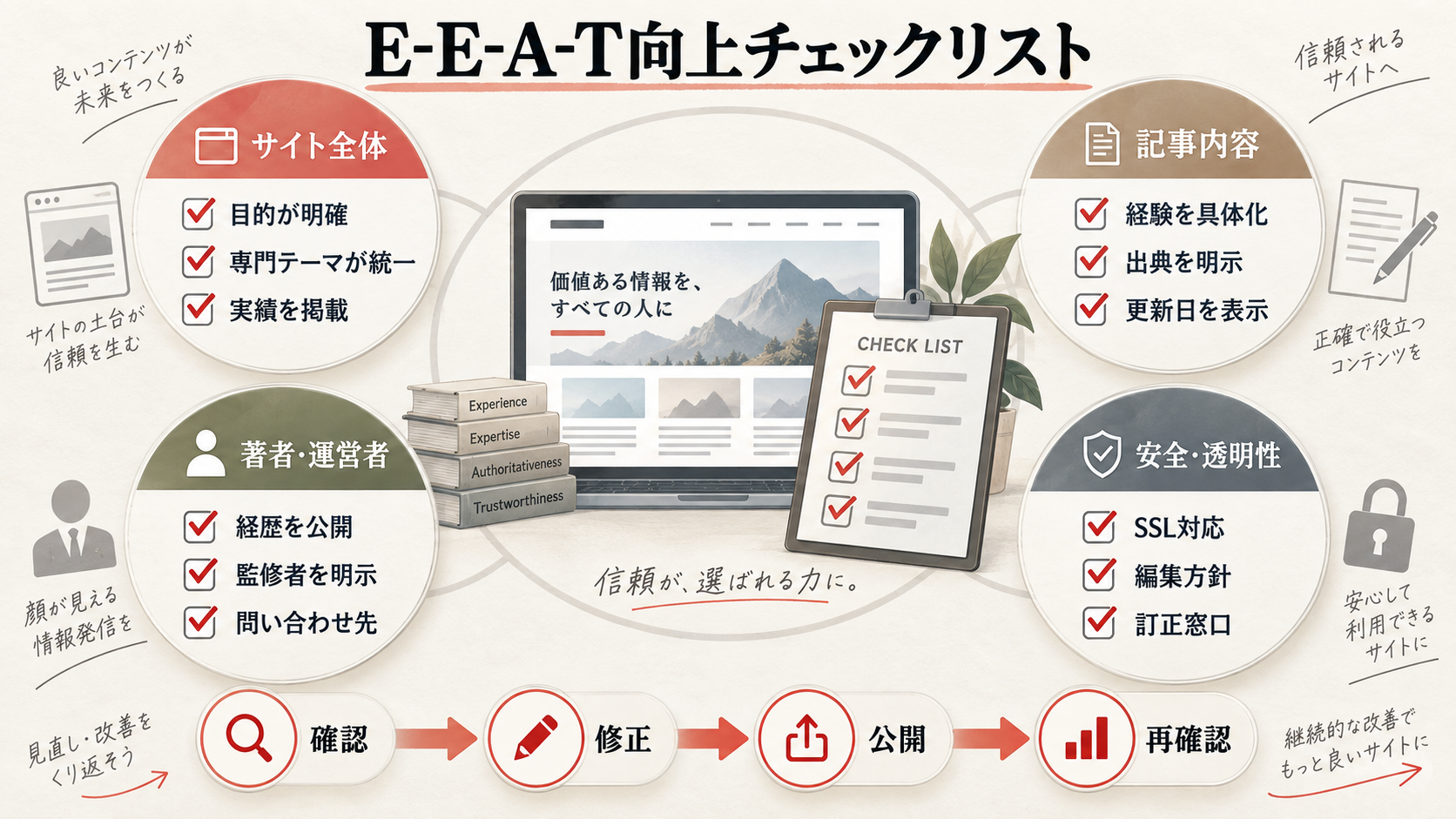 E-E-A-T向上チェックリストを整理した図解(達人ラボ)