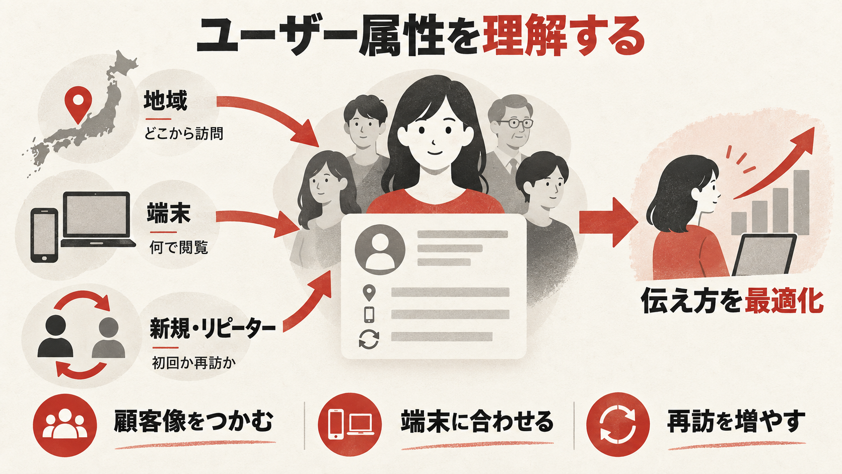 ユーザー属性レポートで訪問者像をつかむを整理した図解(達人ラボ)