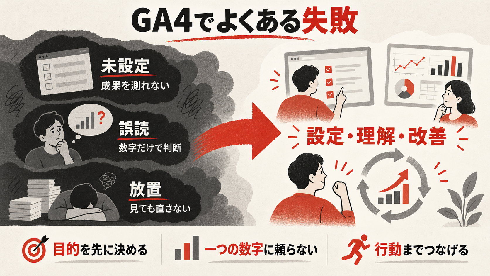 GA4でよくある失敗と注意点を整理した図解(達人ラボ)