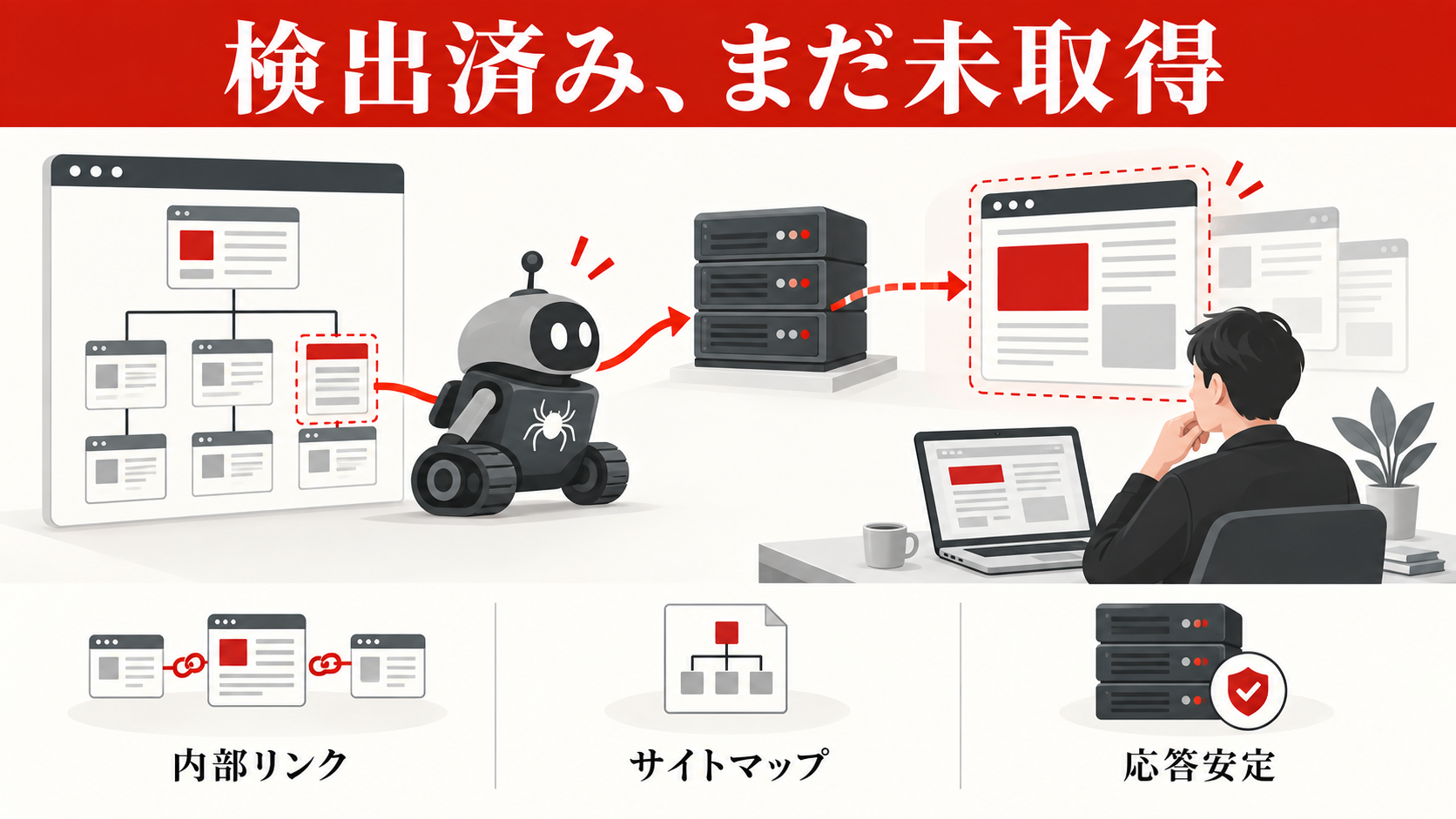 Googleにインデックスされない原因｜確認手順と対処法｜「検出－インデックス未登録」の原因と対処の図解