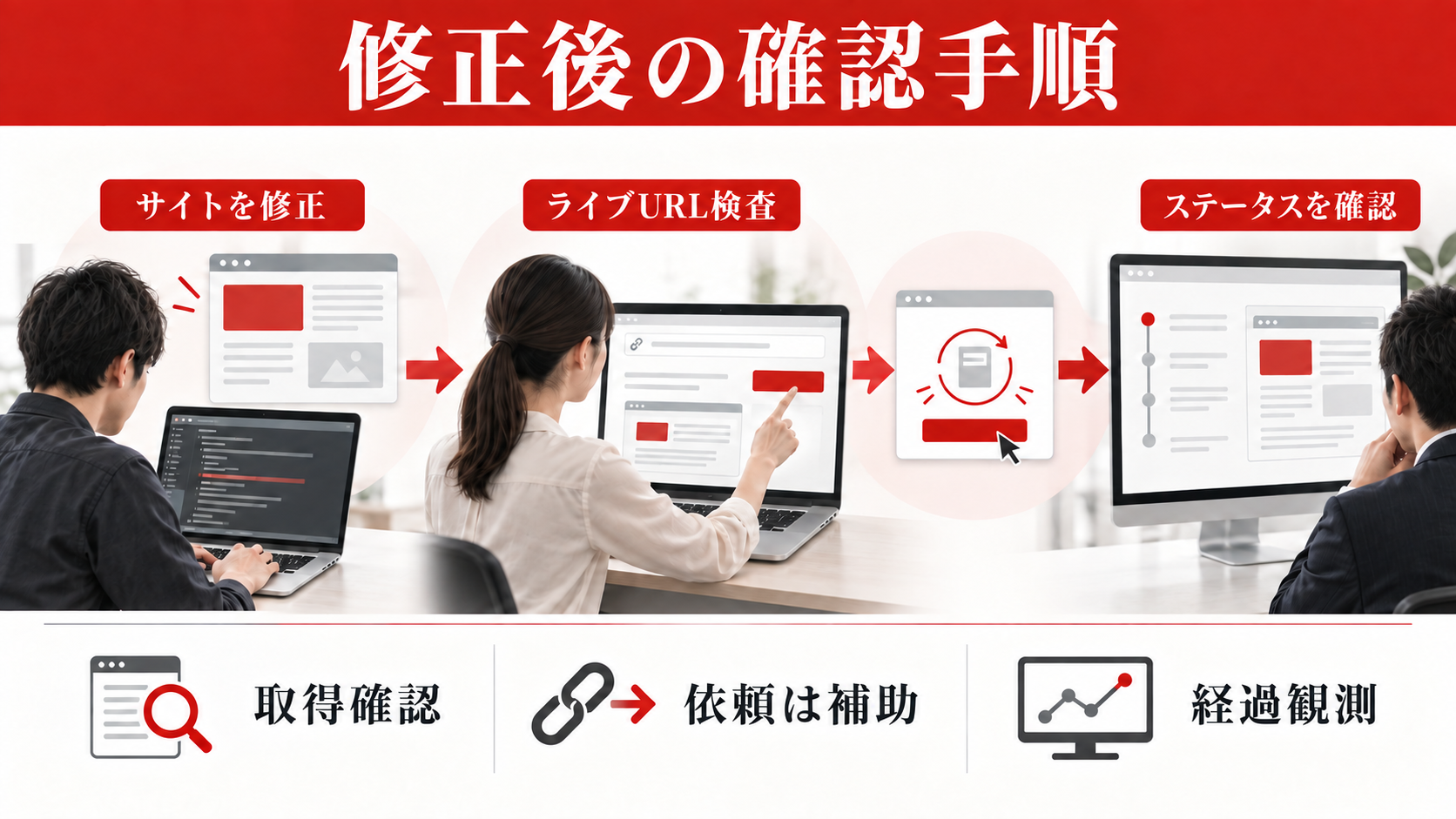 Googleにインデックスされない原因｜確認手順と対処法｜修正後の再確認と待ち方の図解
