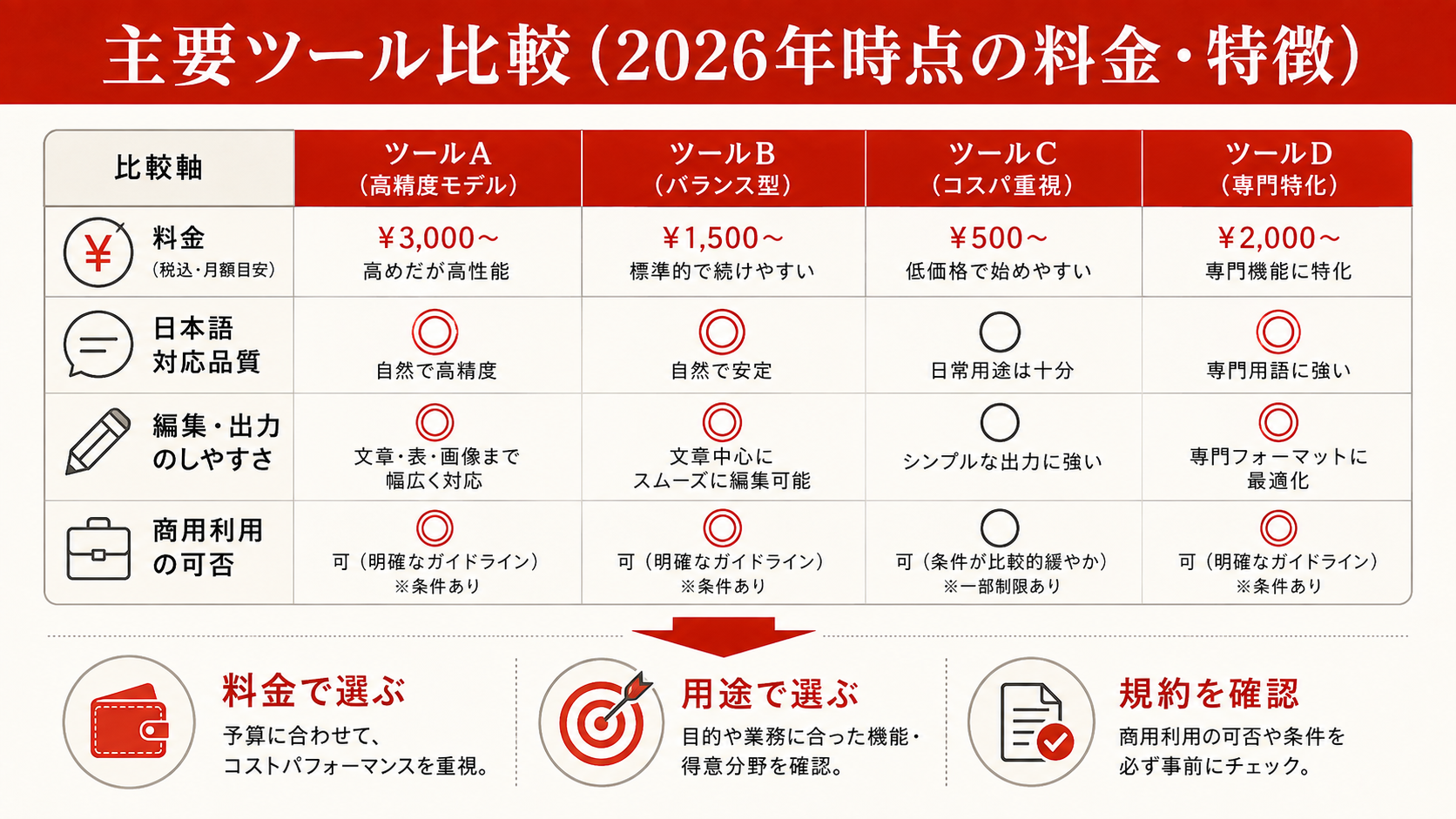 主要ツール比較（2026年時点の料金・特徴）を整理した図解（達人ラボ）