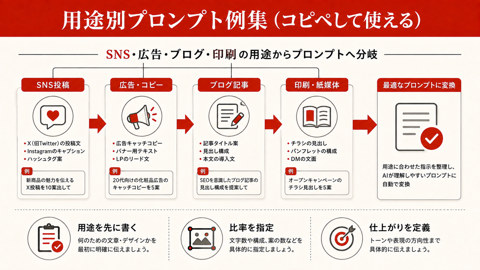 用途別プロンプト例集（コピペして使える）を整理した図解（達人ラボ）