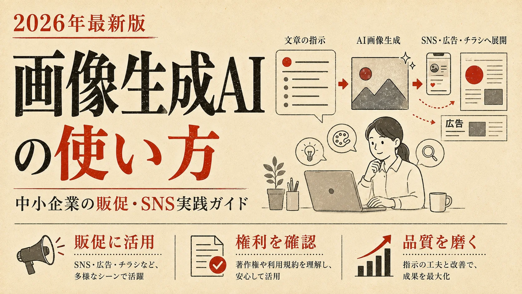 画像生成AIの使い方｜販促・SNS活用と商用利用の注意点｜アイキャッチ