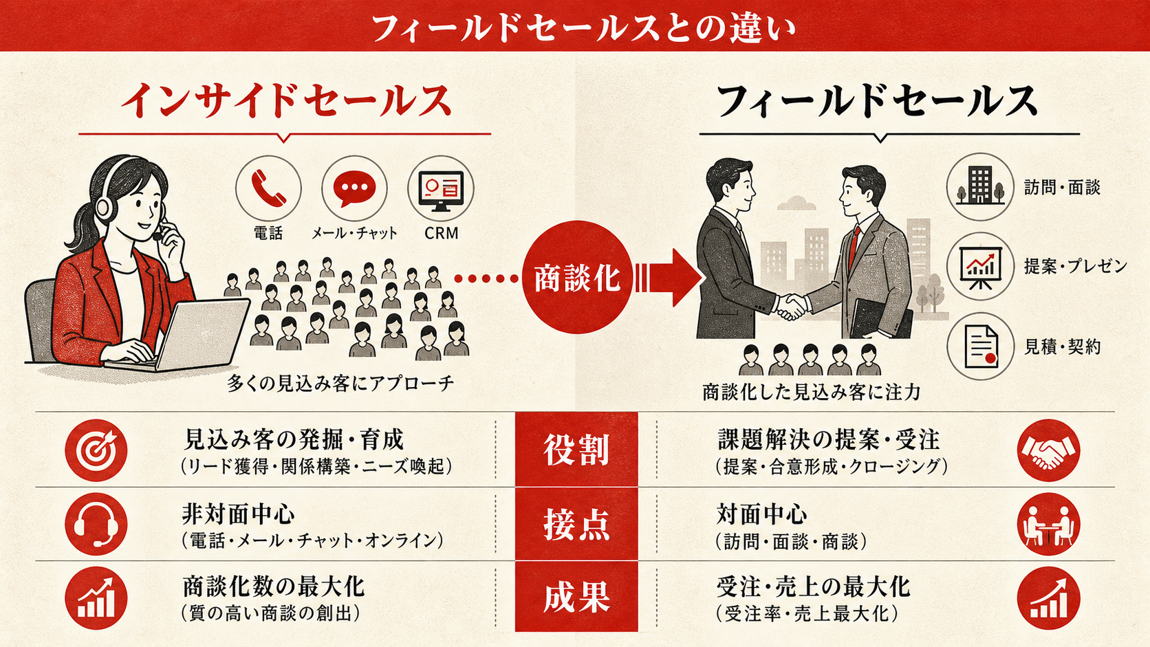 インサイドセールスとフィールドセールスの違いを示す表(達人ラボ)