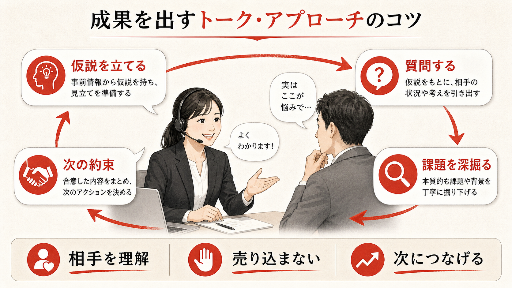 成果を出すトーク・アプローチのコツを示すステップ図(達人ラボ)