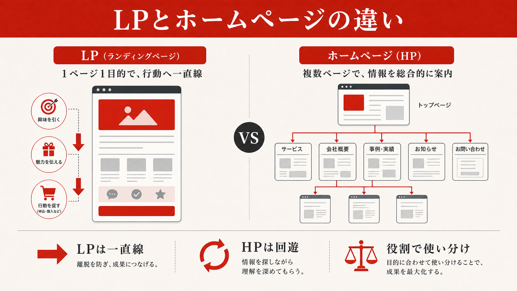 LPとホームページの違い|役割がまったく違う