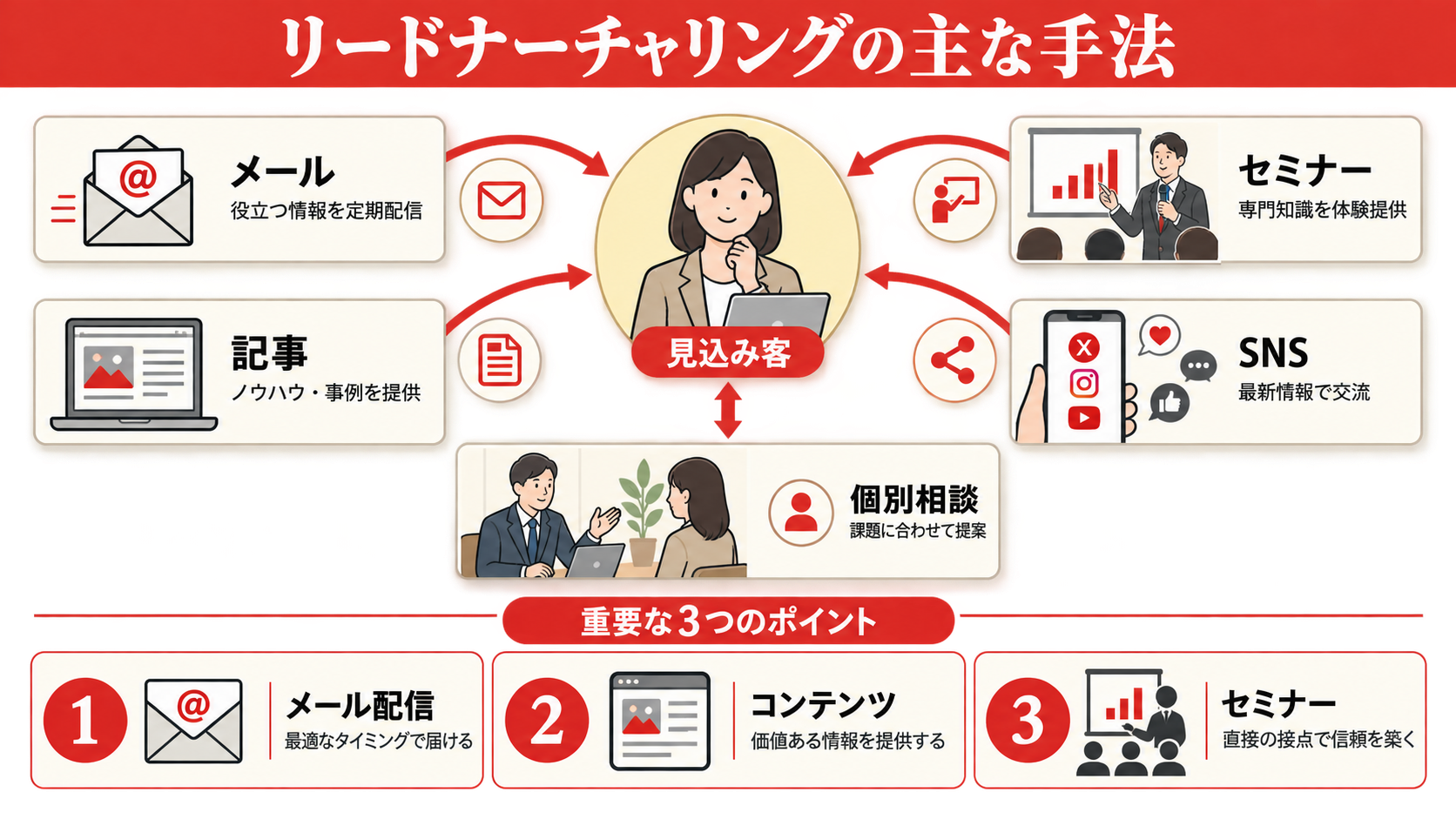 リードナーチャリングの主な手法を示す図(達人ラボ)