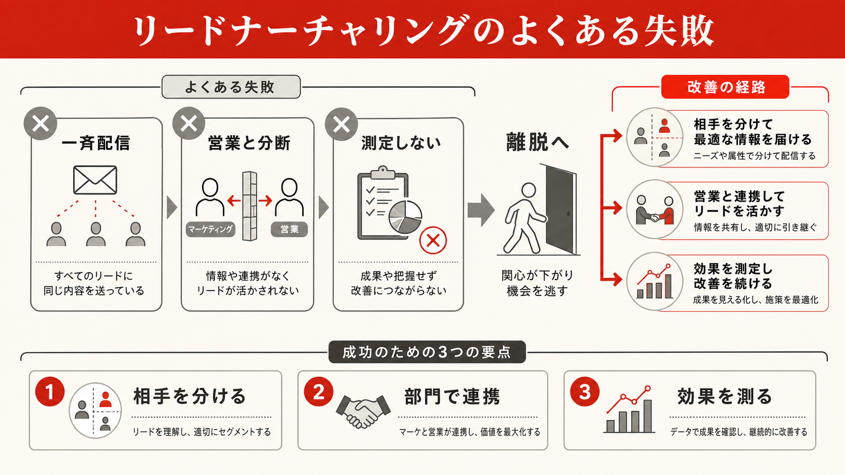 リードナーチャリングのよくある失敗を示す表(達人ラボ)