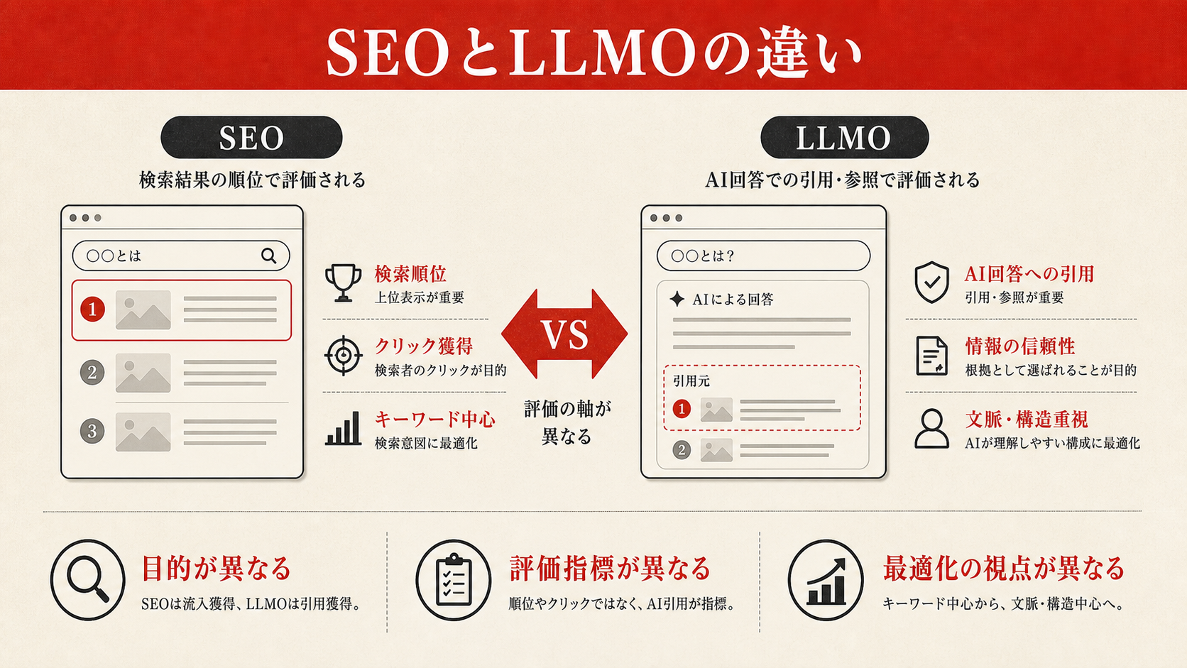 SEOとLLMOの違いを示す表(達人ラボ)
