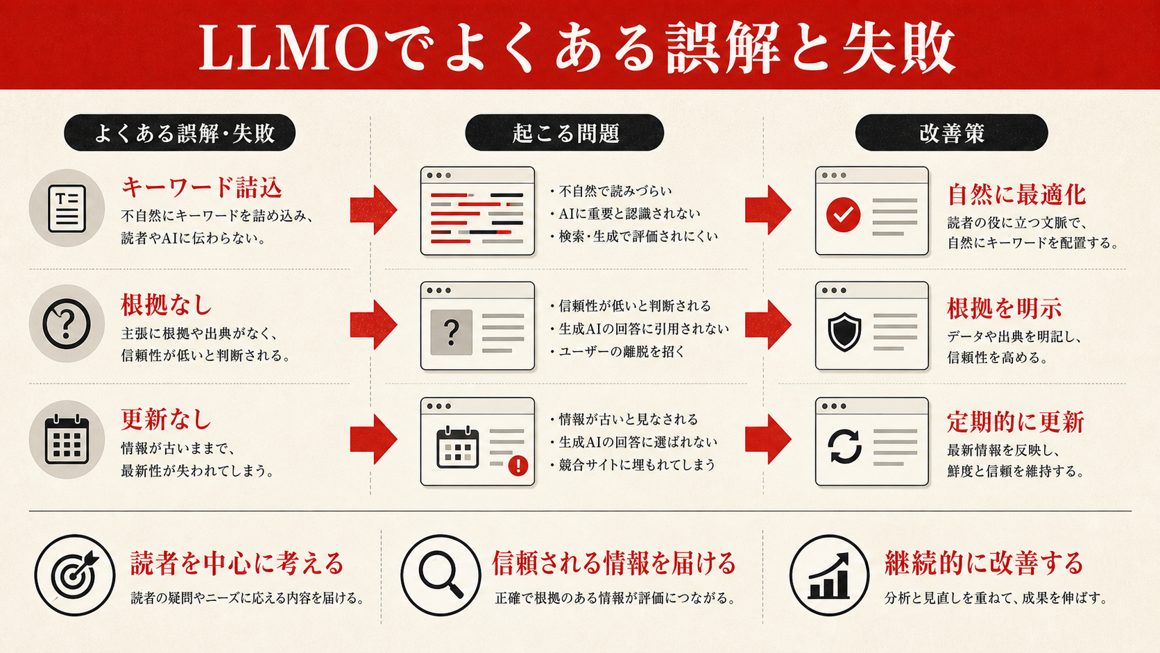 LLMOでよくある誤解と失敗を示す表(達人ラボ)