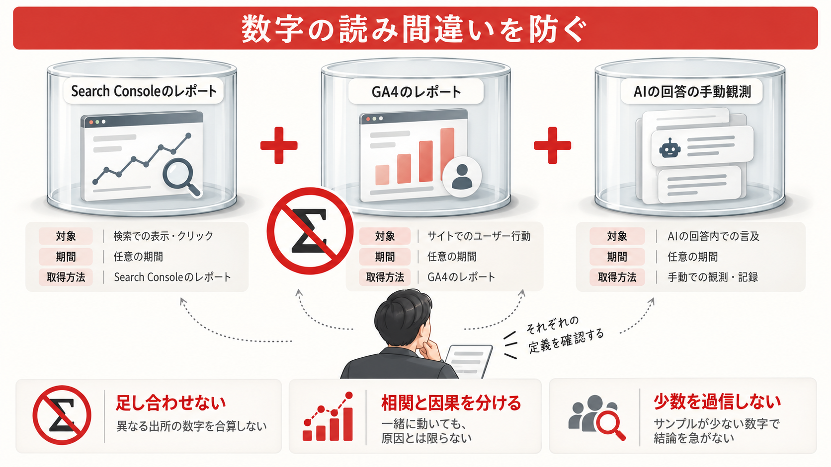 数字の読み間違いを防ぐの図解｜LLMO対策の効果測定方法｜AI検索での露出と問い合わせをどう確認するか