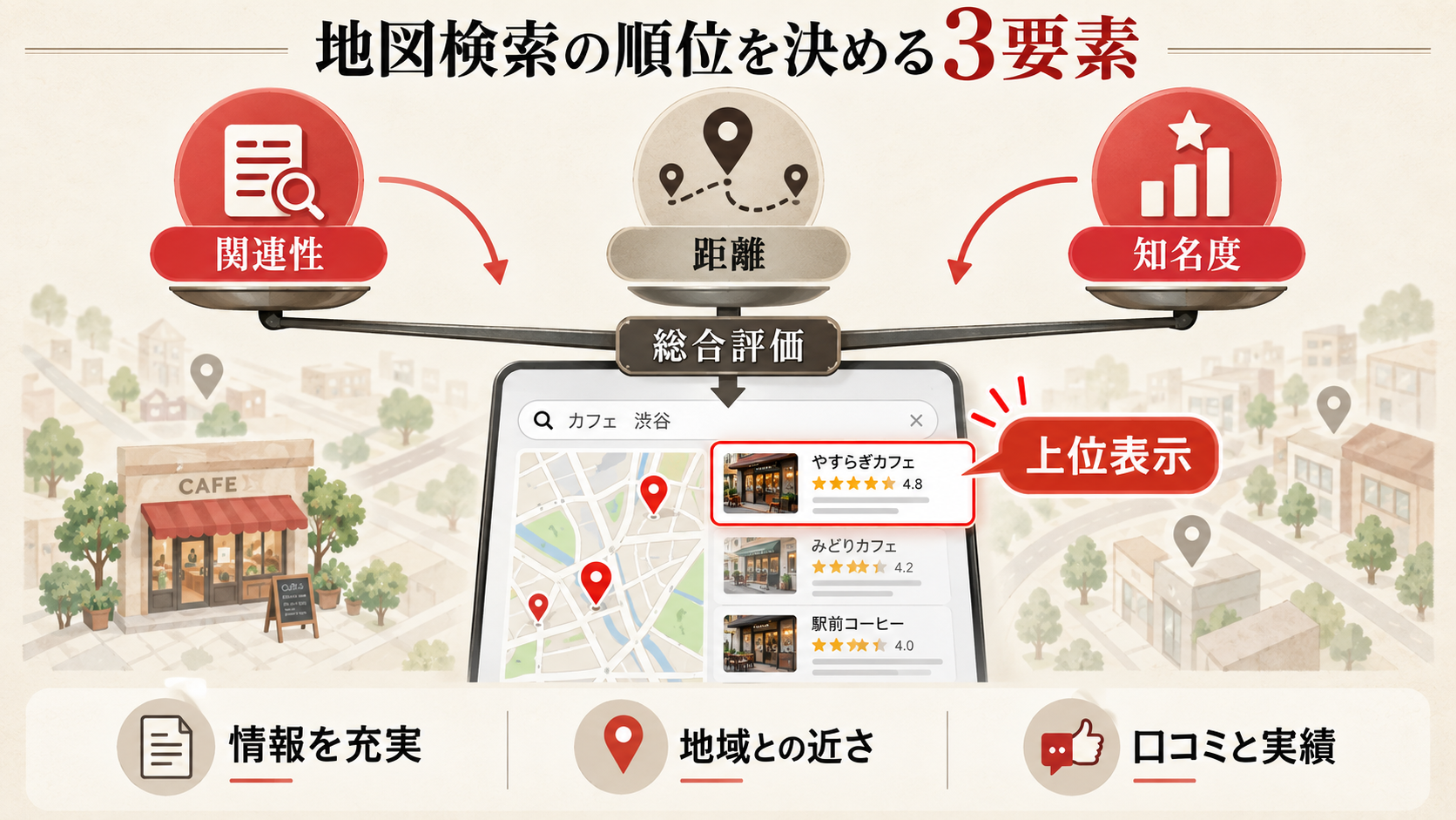 地図検索の順位が決まる3つの要素を整理した図解（達人ラボ）