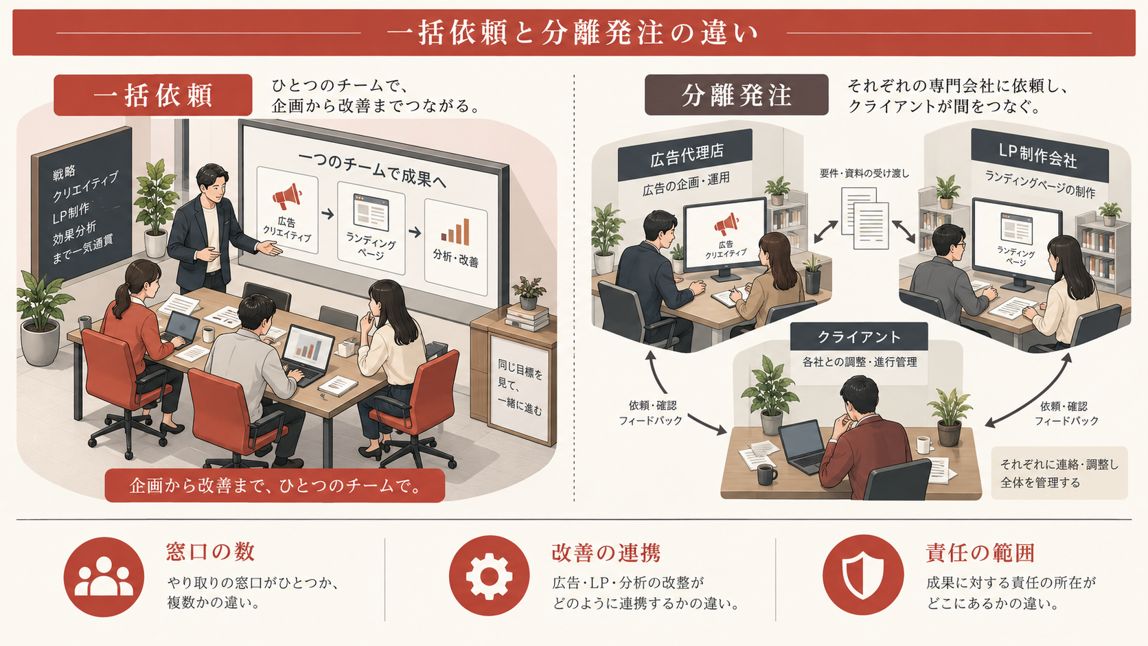 一括依頼と分離発注の違いの図解｜達人ラボ