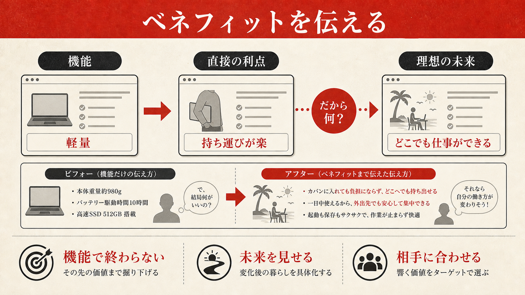 ベネフィットを伝えることを示す表（達人ラボ）