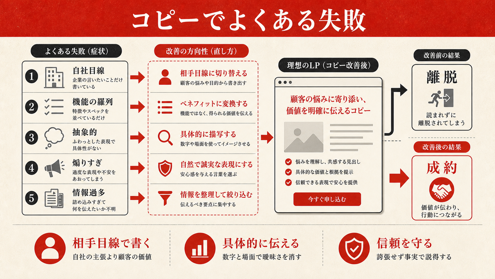 コピーでよくある失敗を示す表（達人ラボ）