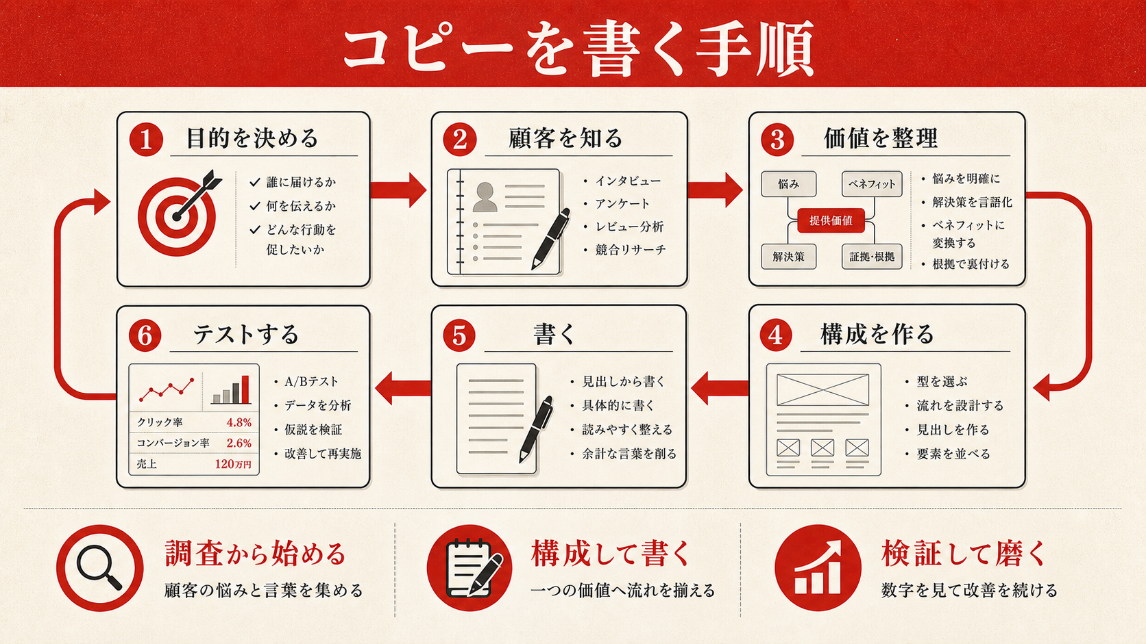 コピーを書く手順を示すステップ図（達人ラボ）