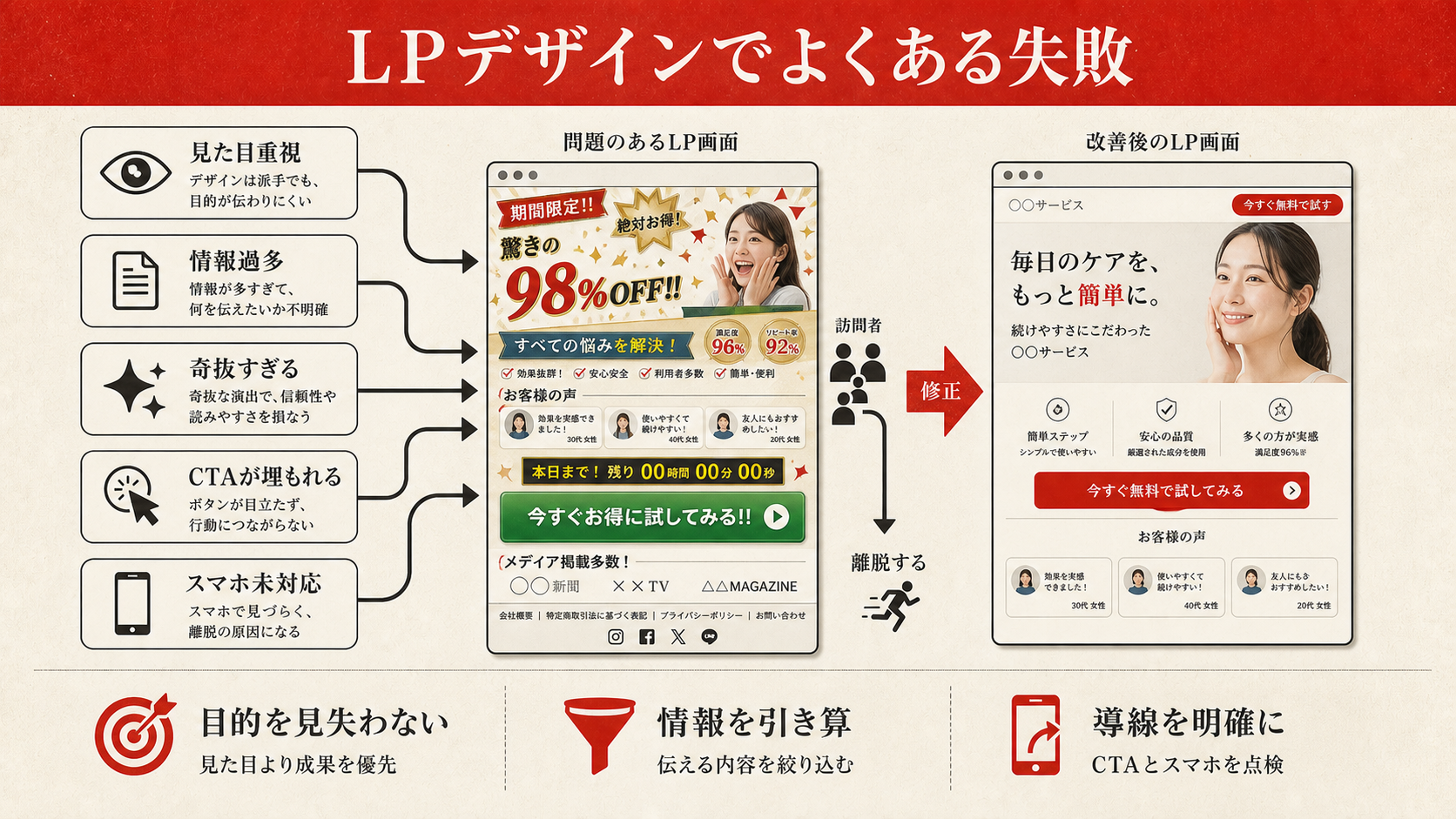 LPデザインでよくある失敗を示す表（達人ラボ）