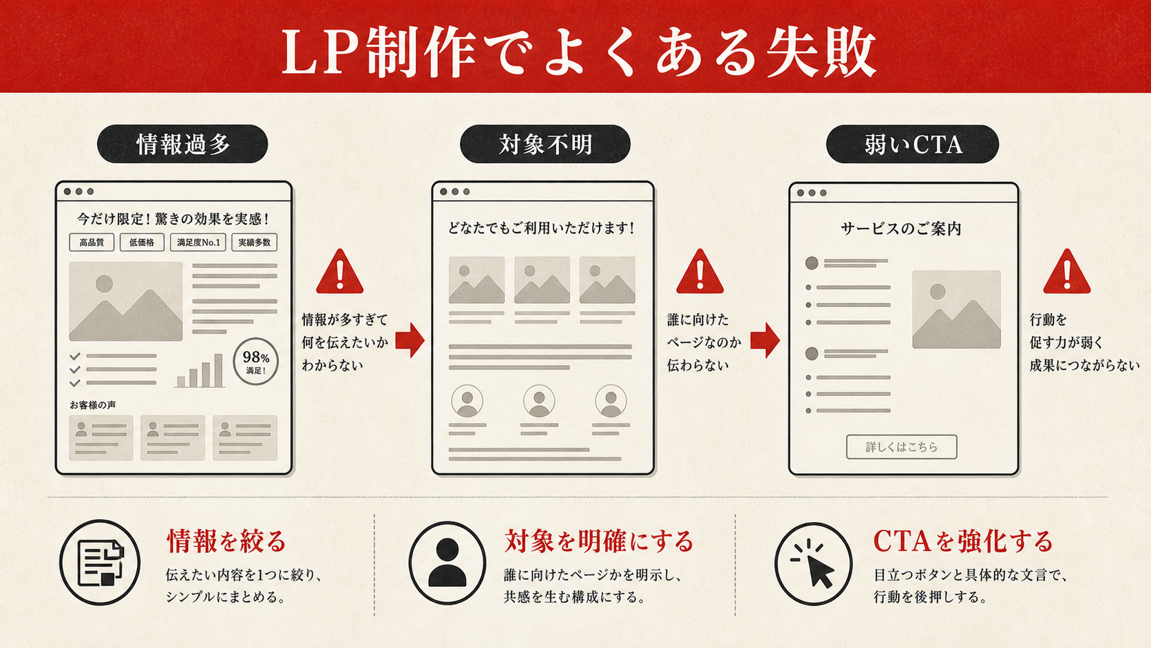LP制作でよくある失敗を示す表（達人ラボ）