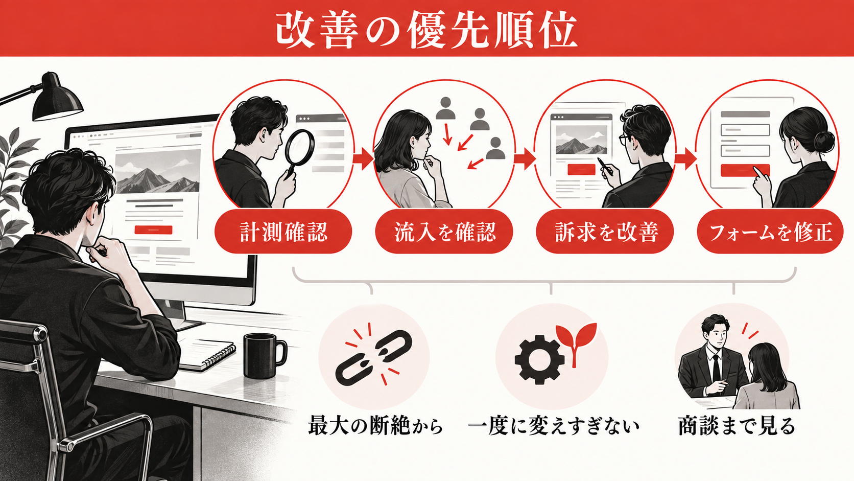 改善はどの順番で進める？の図解｜LPから問い合わせが来ない原因｜広告・訴求・フォームの改善順序