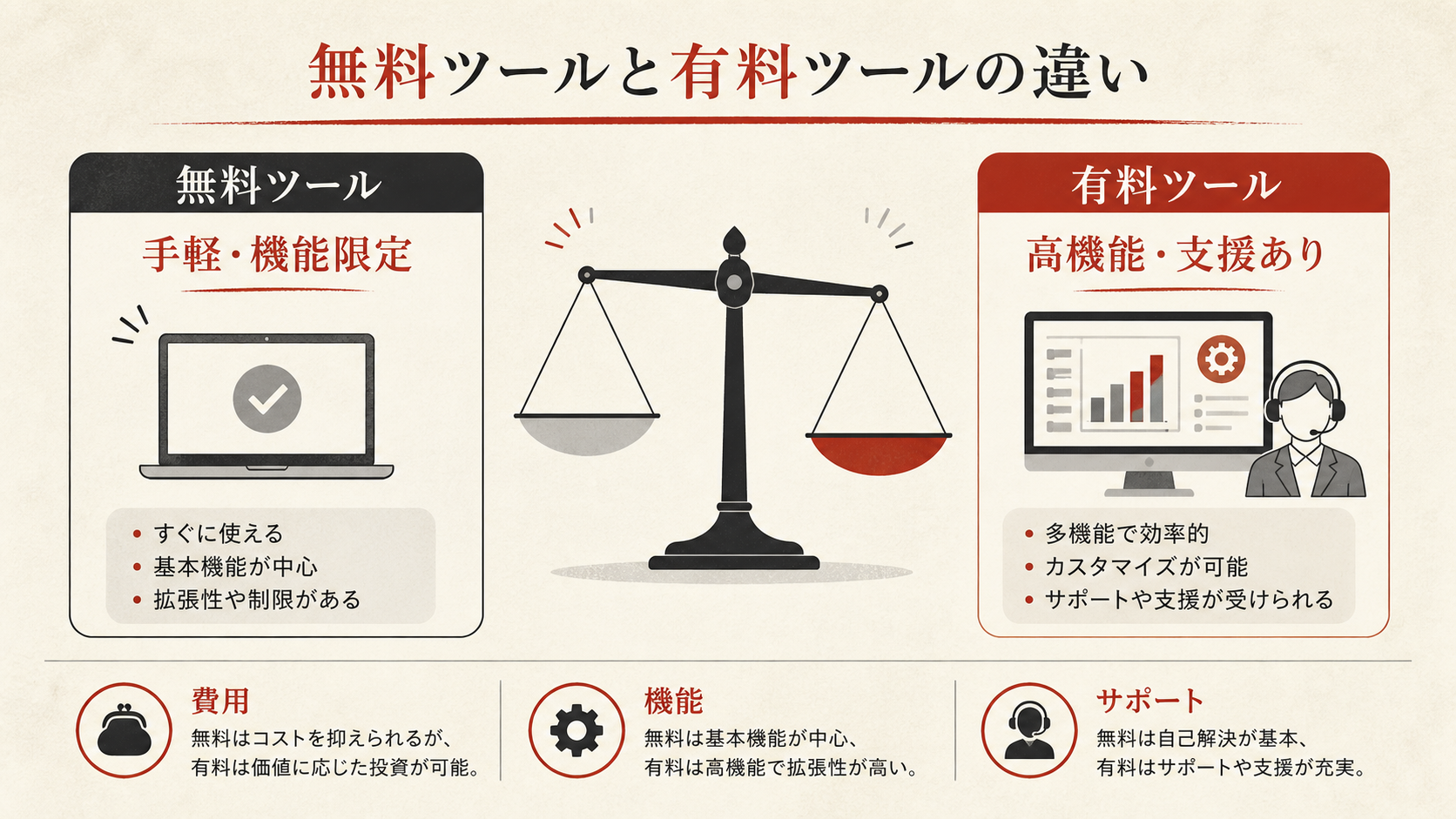 無料ツールと有料ツールの違いを示す表（達人ラボ）