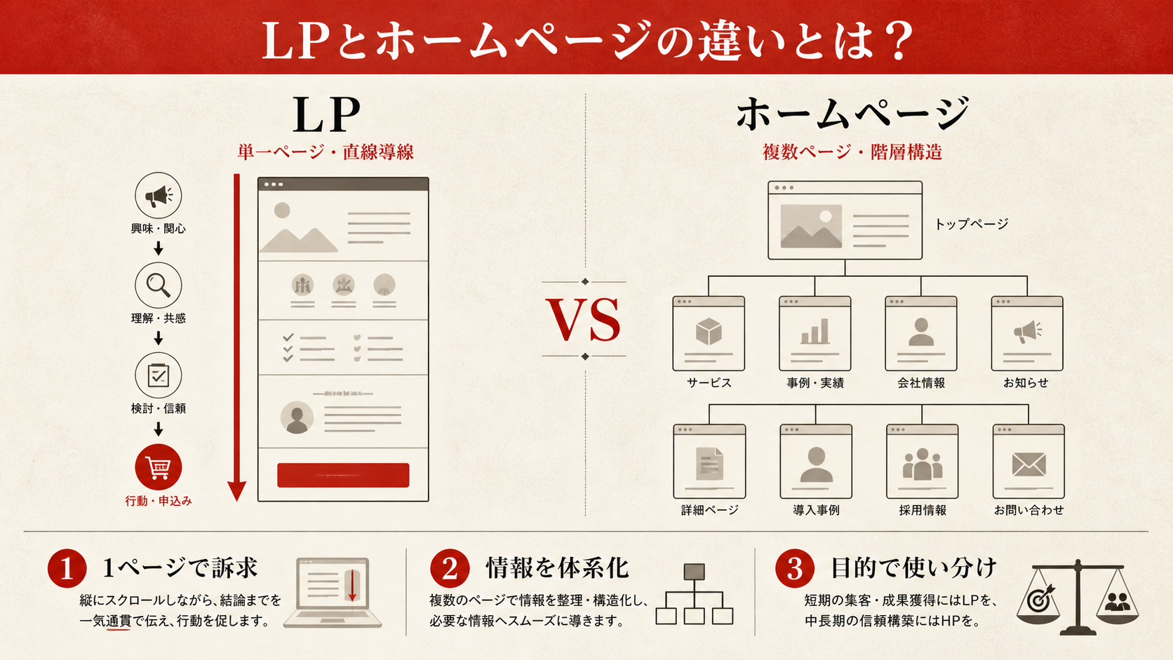 LPとホームページの違いを示す表（達人ラボ）
