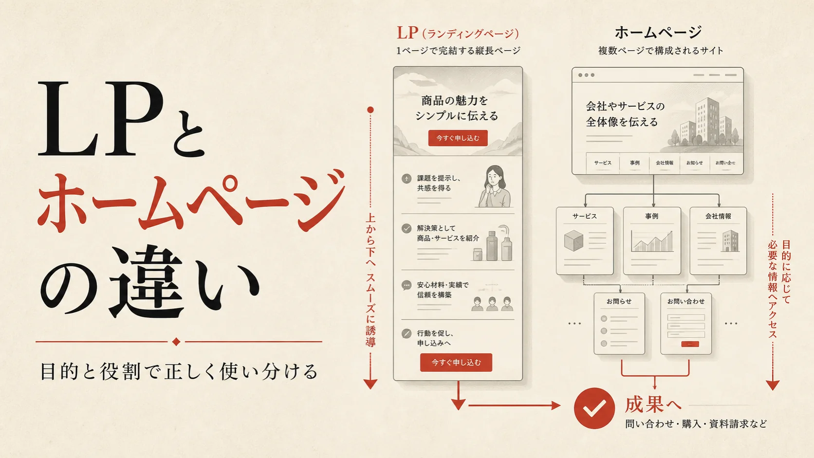LPとホームページの違い｜目的・構成・集客方法の使い分け｜アイキャッチ