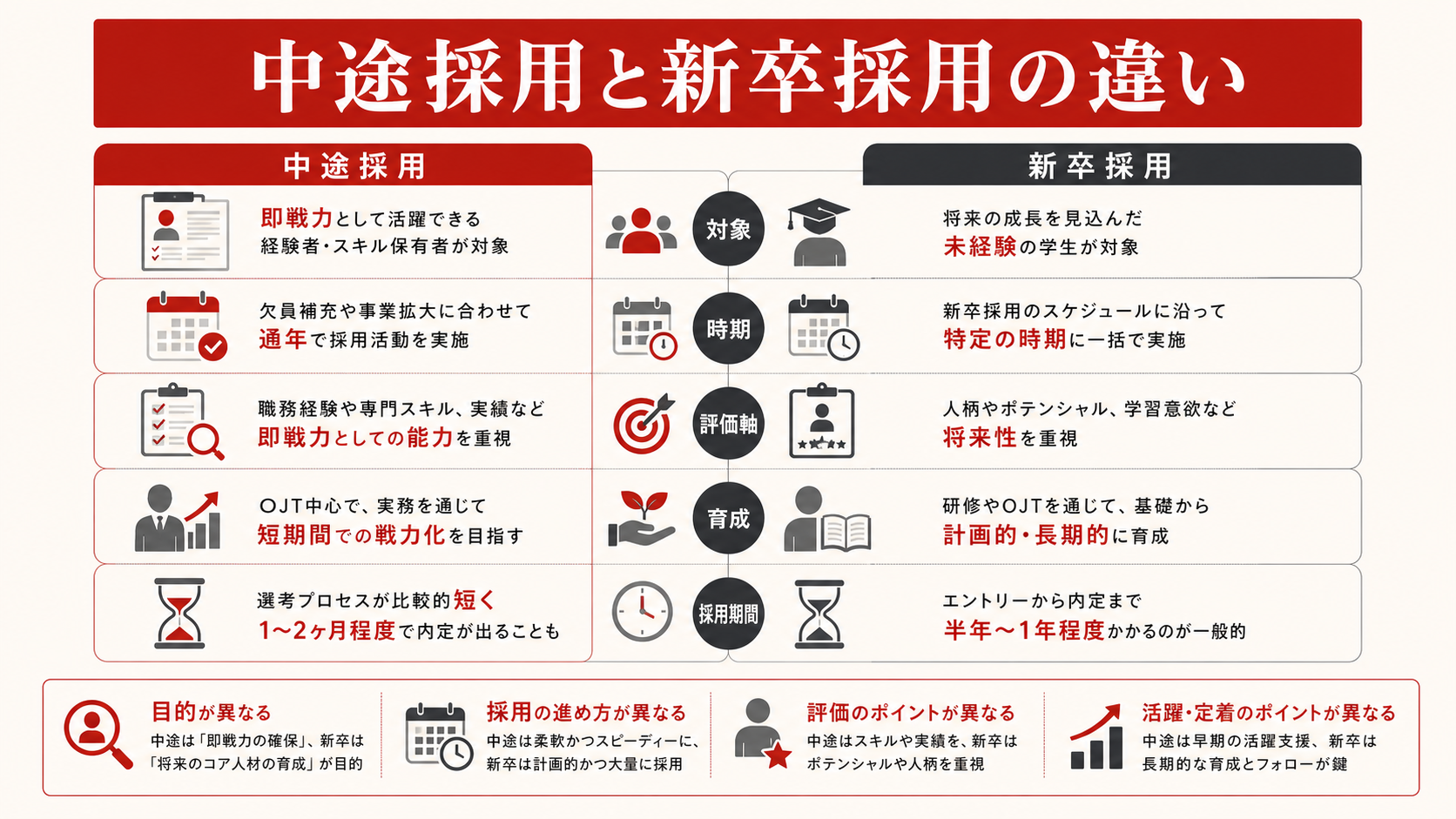 中途採用と新卒採用の違いを示す表(達人ラボ)