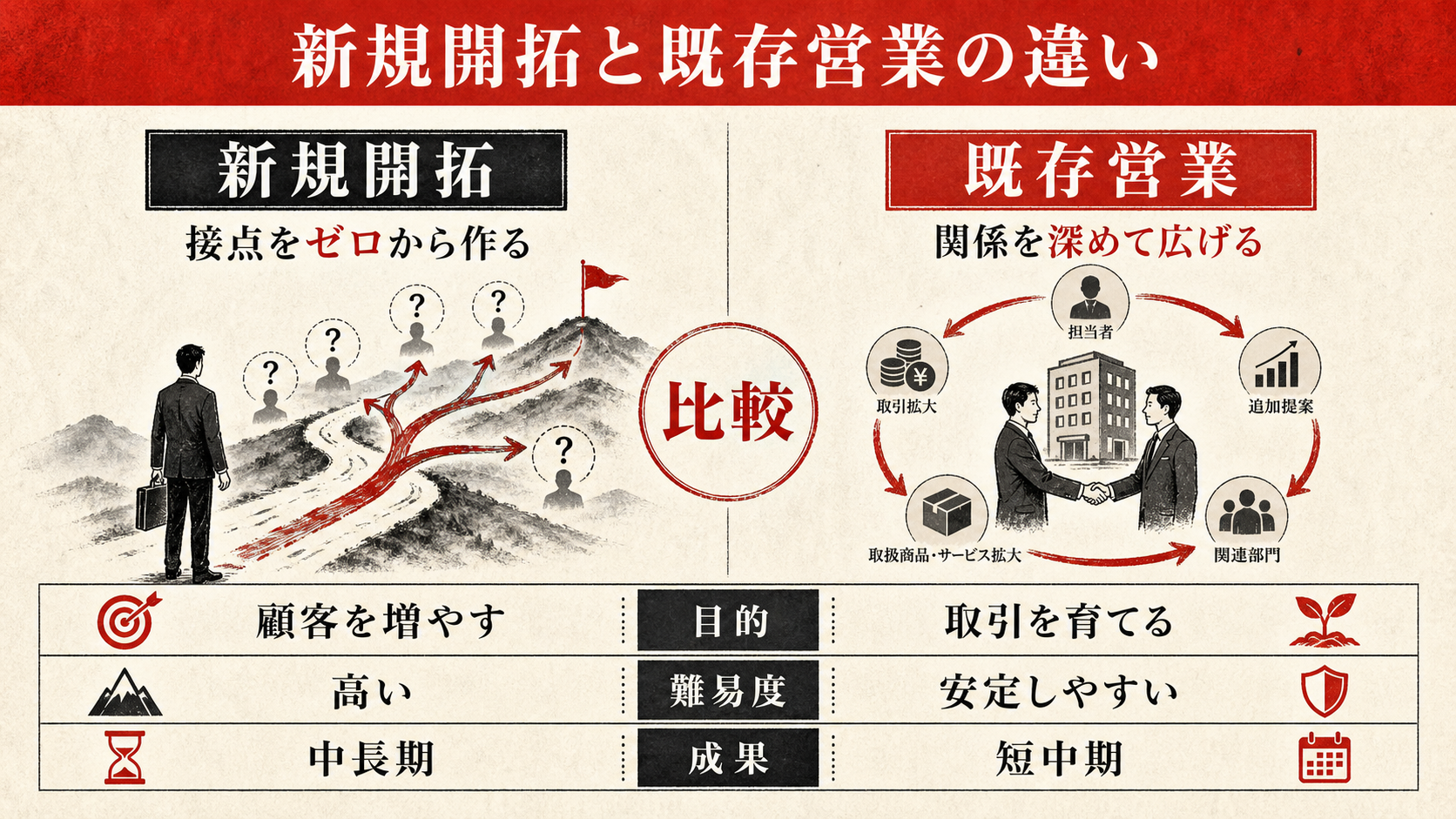 新規開拓と既存営業の違いを示す表(達人ラボ)