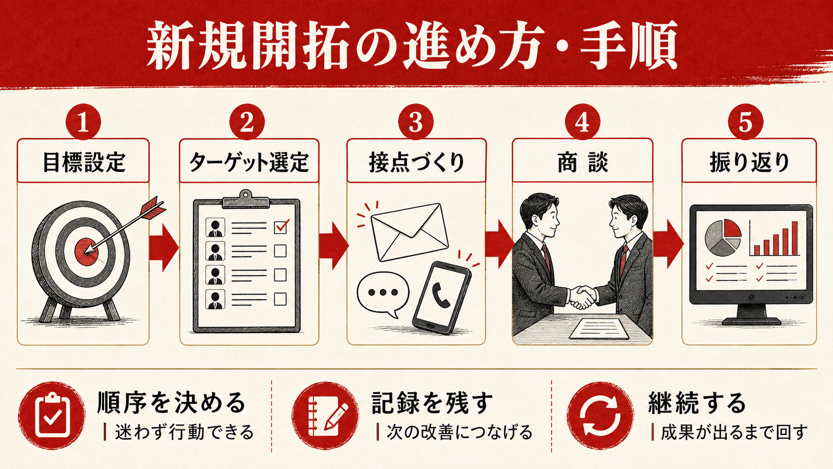 新規開拓の進め方・手順を示すステップ図(達人ラボ)