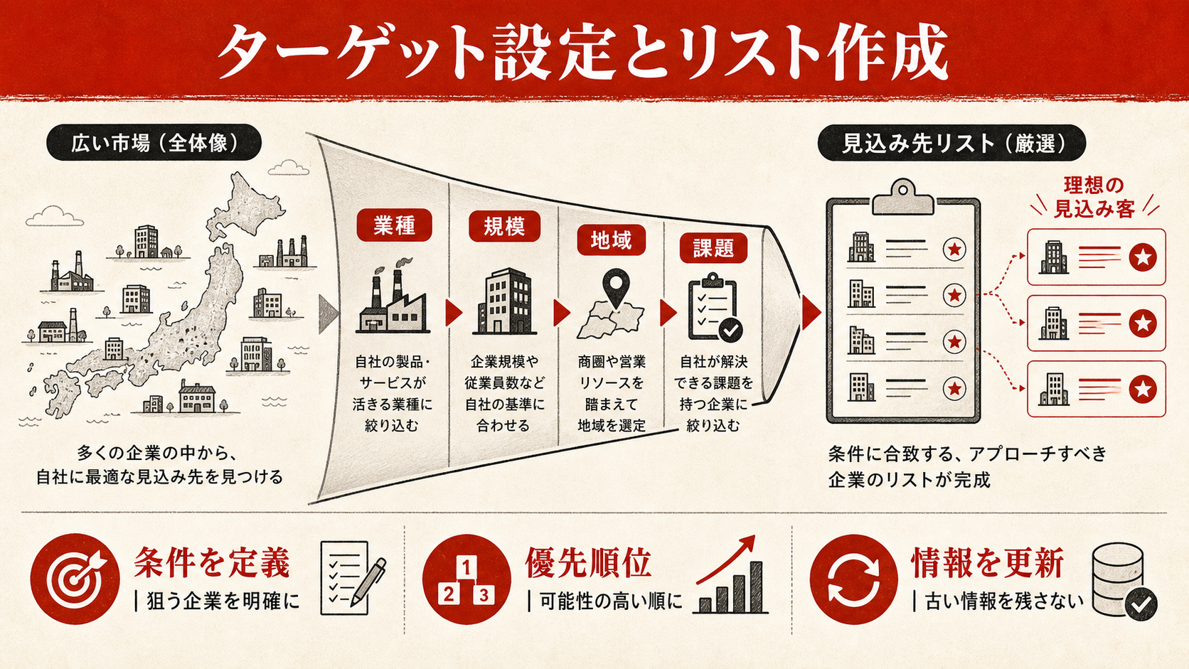 ターゲット設定とリスト作成の流れを示すステップ図(達人ラボ)