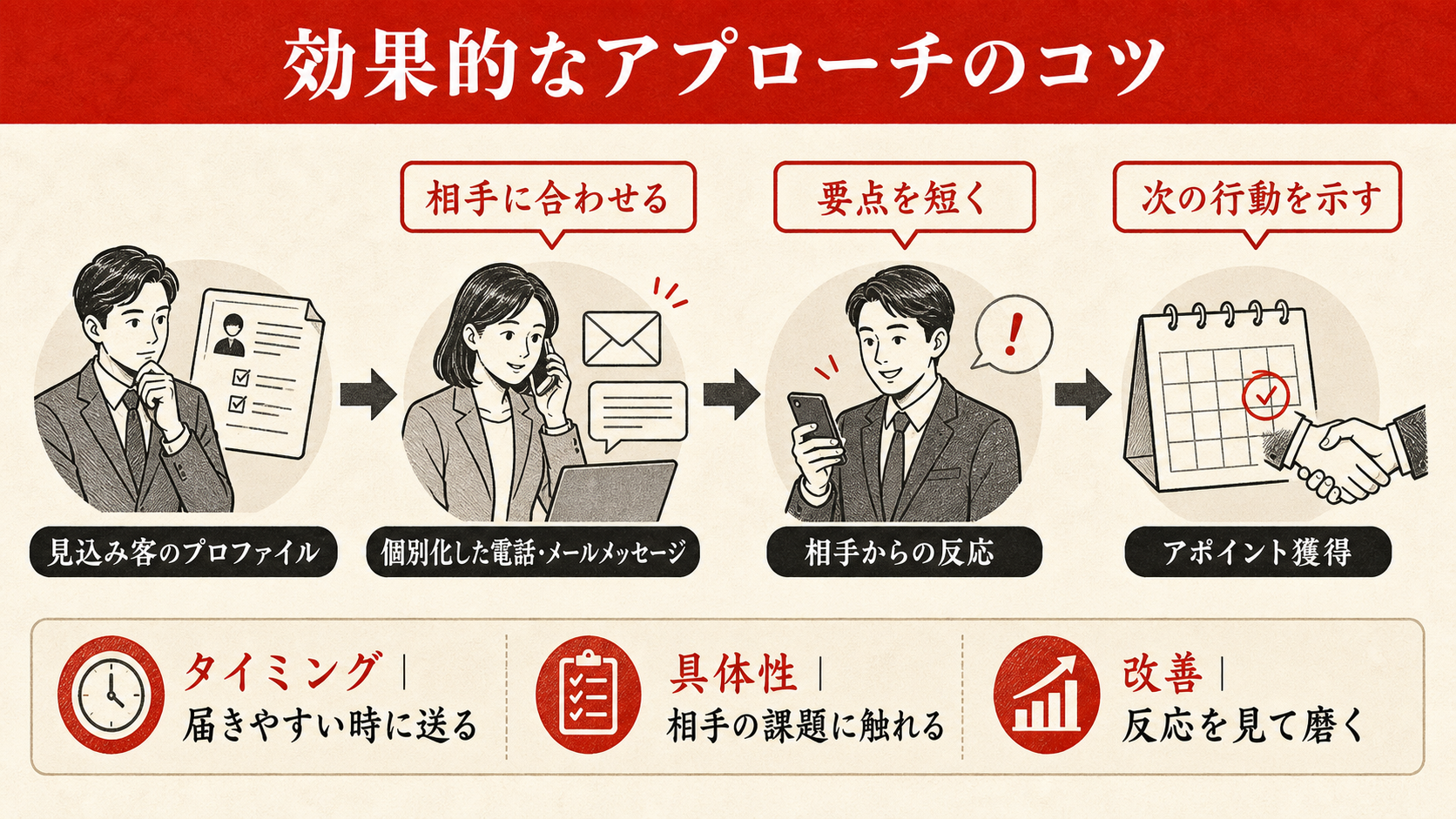 効果的なアプローチのコツを示す図(達人ラボ)