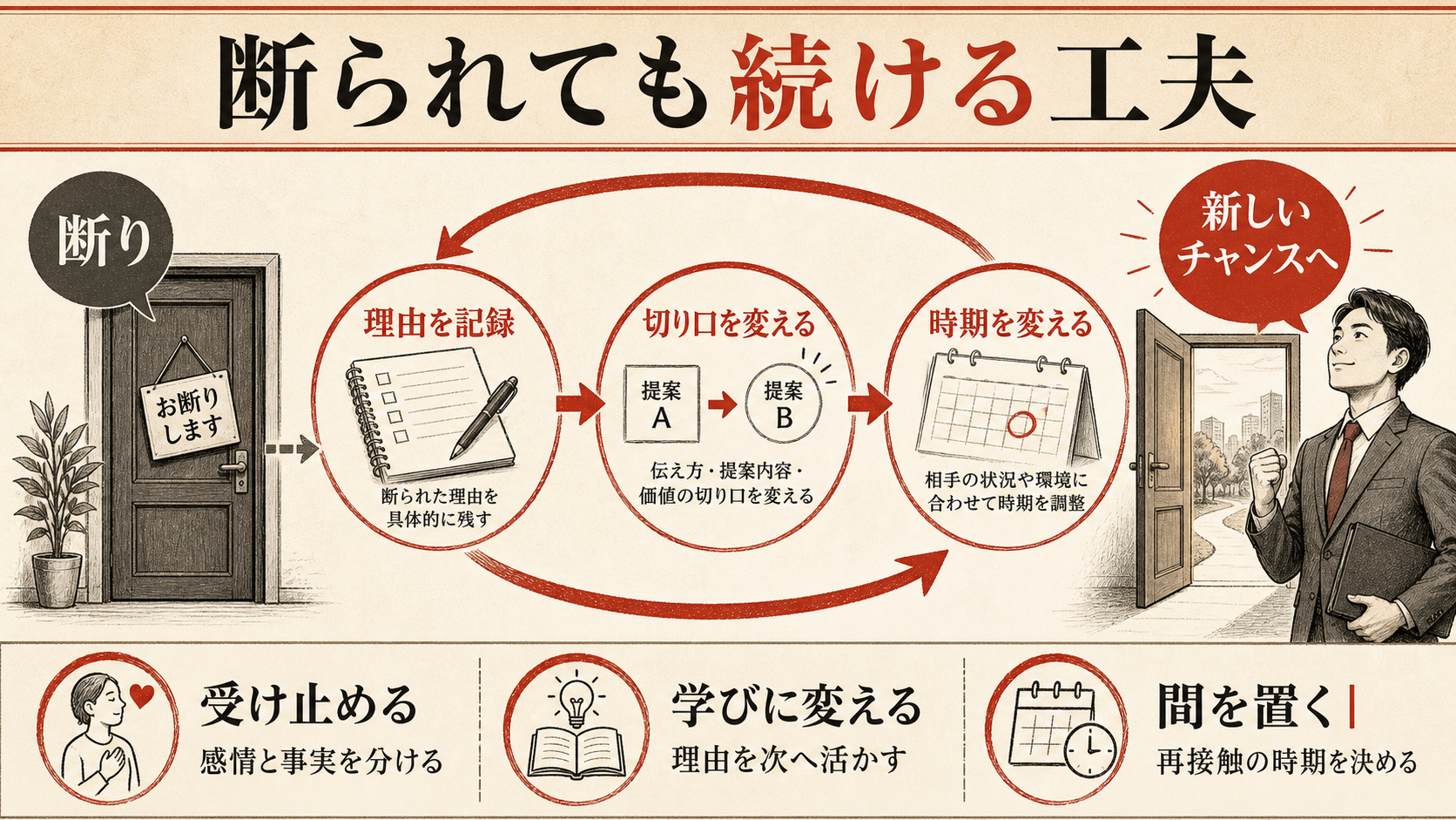 断られても続ける工夫を示すステップ図(達人ラボ)