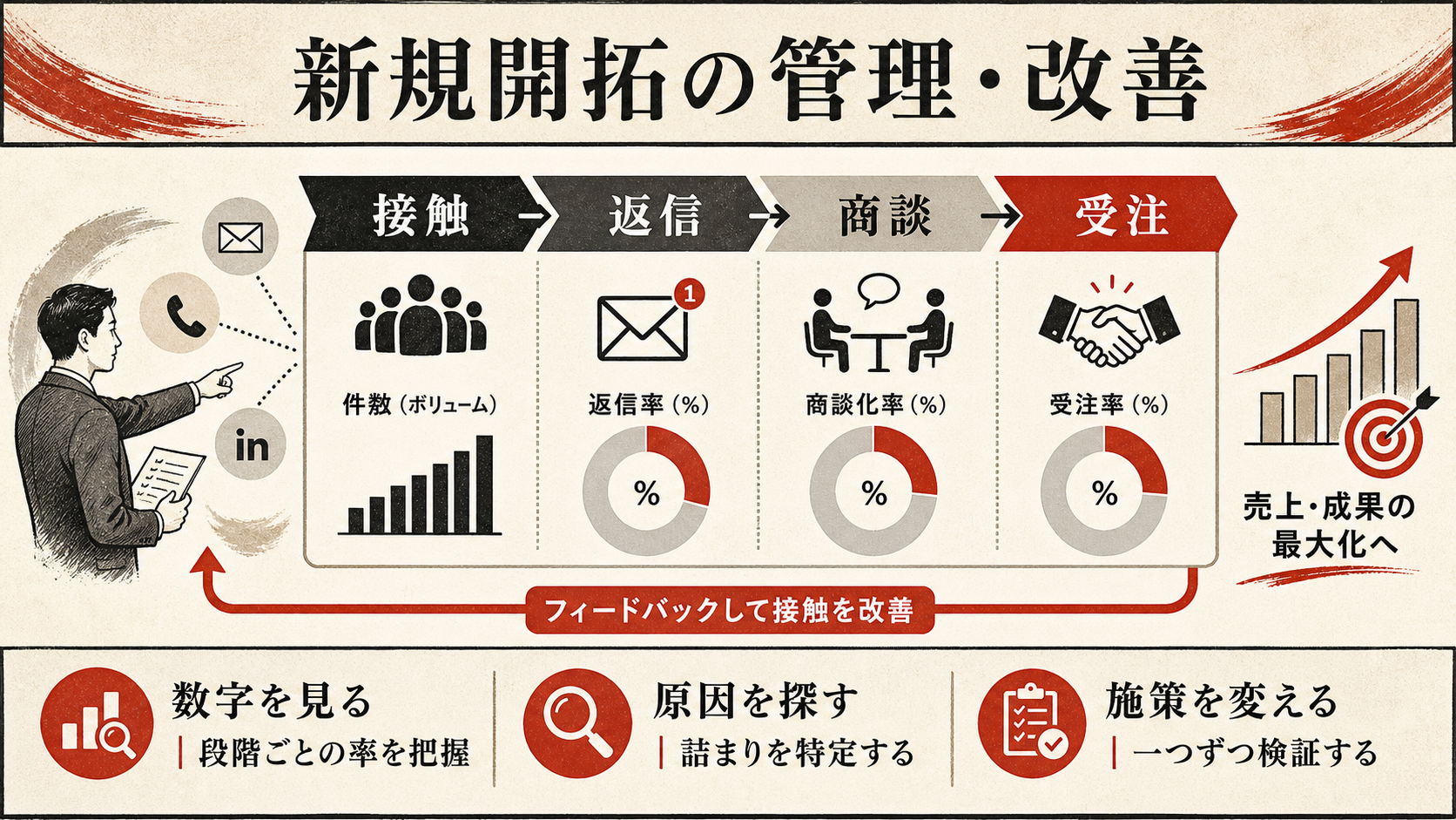 新規開拓の管理・改善の流れを示すフロー図(達人ラボ)