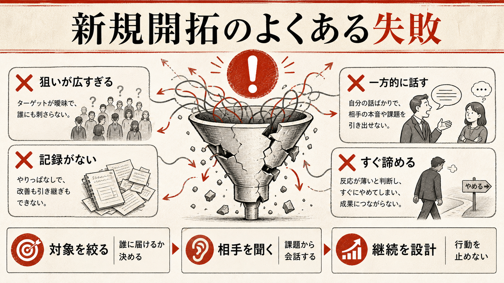 新規開拓のよくある失敗を示す表(達人ラボ)