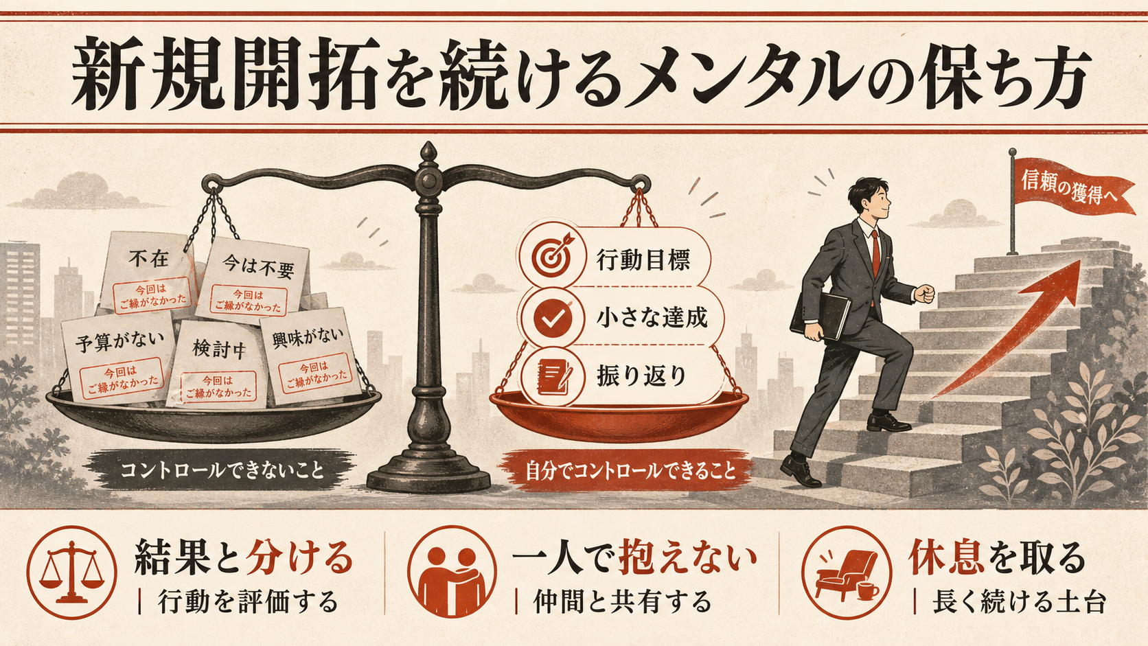 新規開拓を続けるメンタルの保ち方を示す図(達人ラボ)
