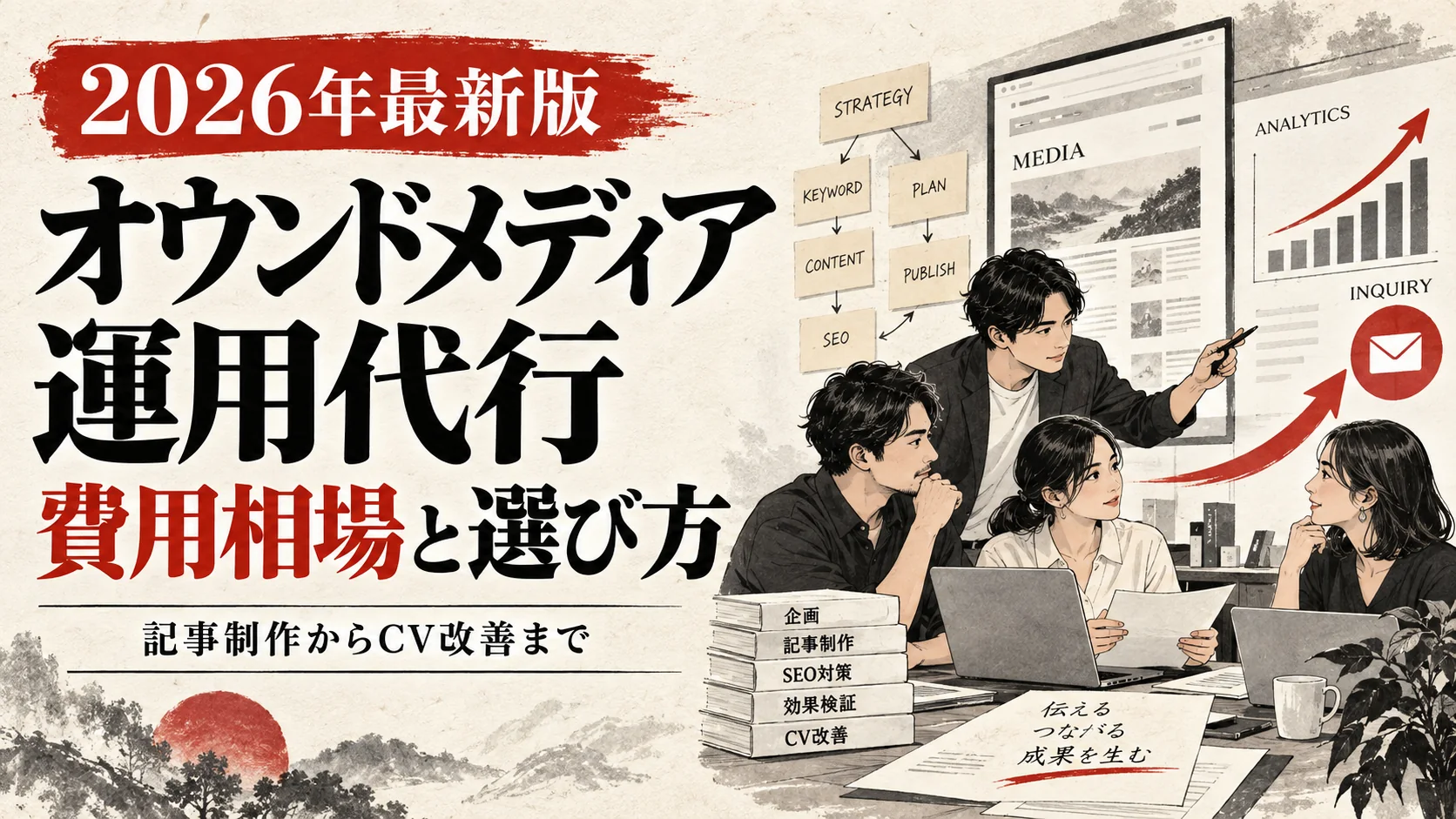 オウンドメディア運用代行の費用相場｜支援範囲・料金・依頼先の選び方【2026年版】｜アイキャッチ