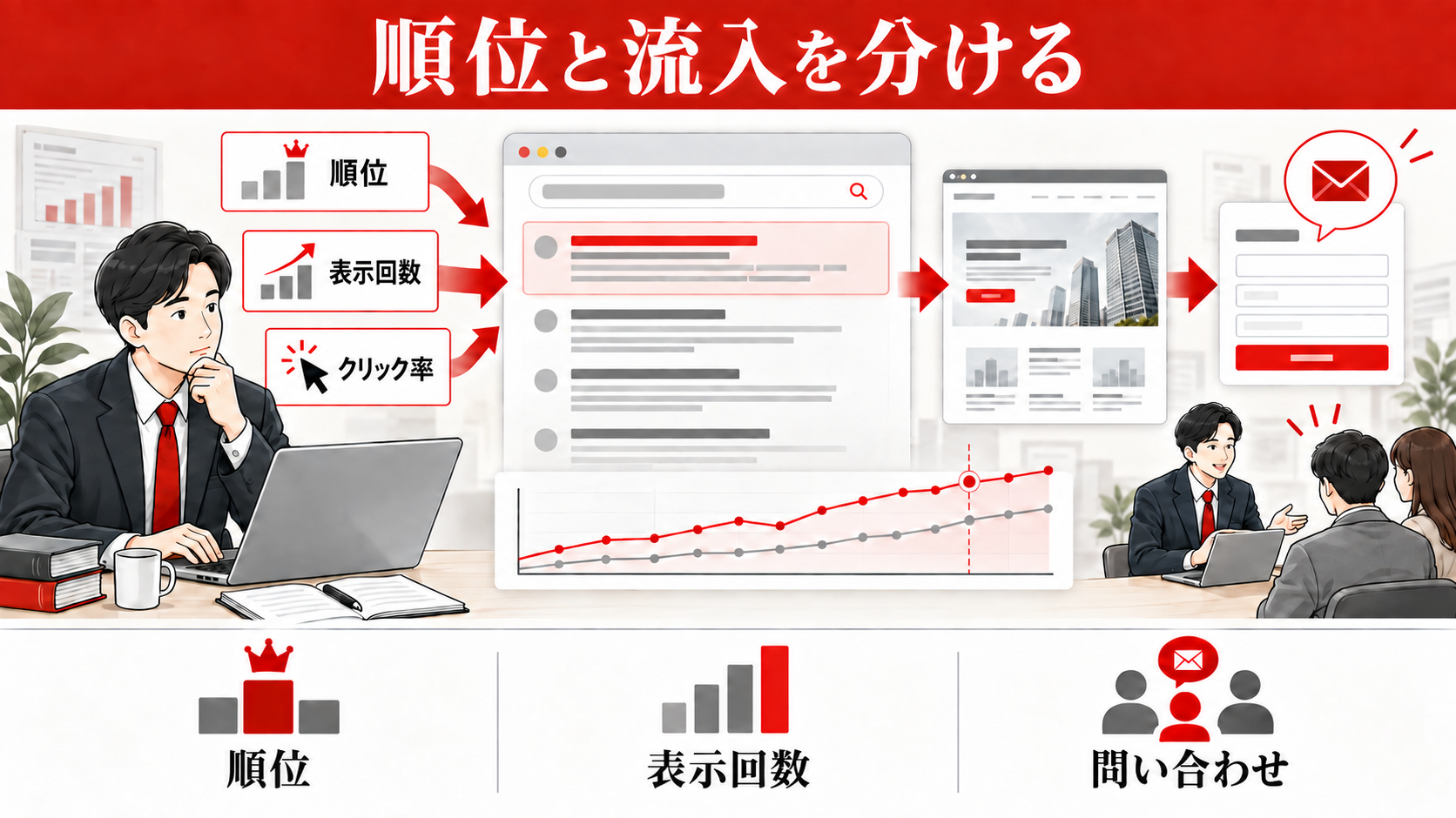 記事の検索順位が急に下がったら？原因の調べ方と復旧手順｜まず「順位低下」と「検索流入の減少」を分けて確認するの図解