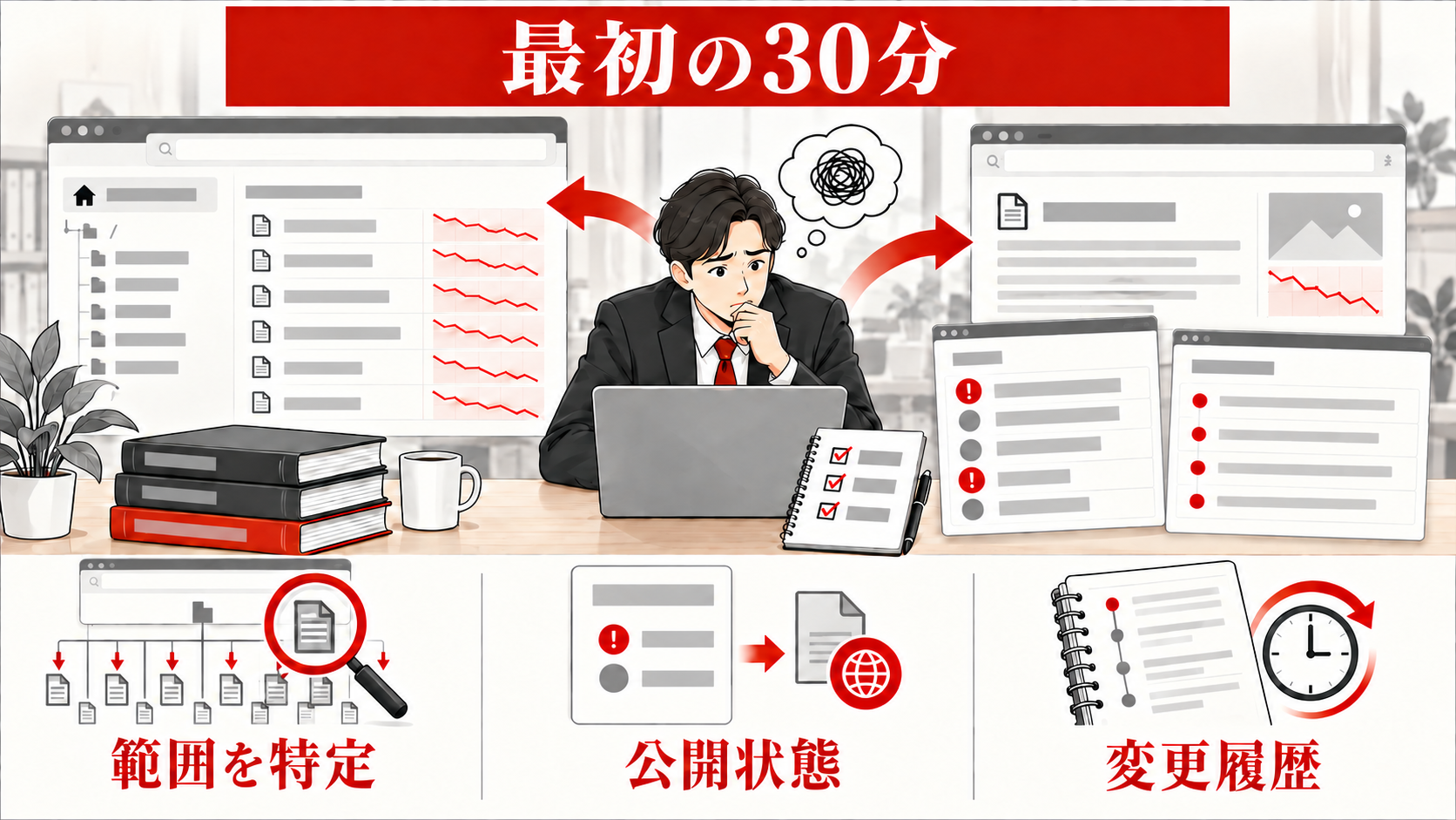 記事の検索順位が急に下がったら？原因の調べ方と復旧手順｜最初の30分で確認する緊急チェックの図解