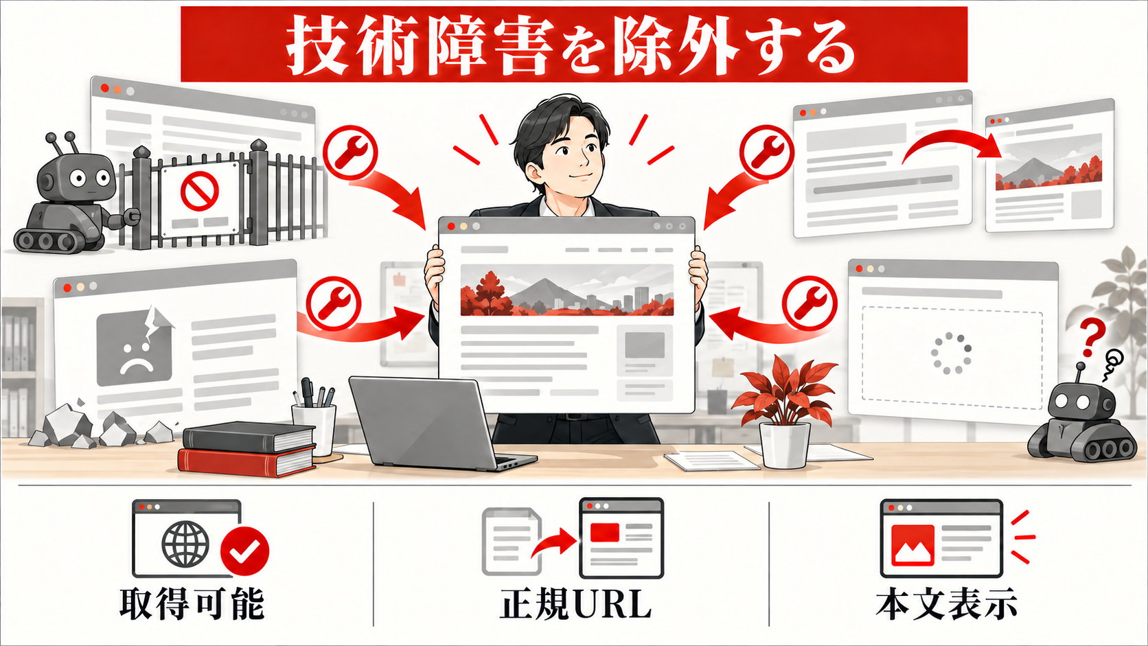 記事の検索順位が急に下がったら？原因の調べ方と復旧手順｜技術的な原因を先に除外するの図解