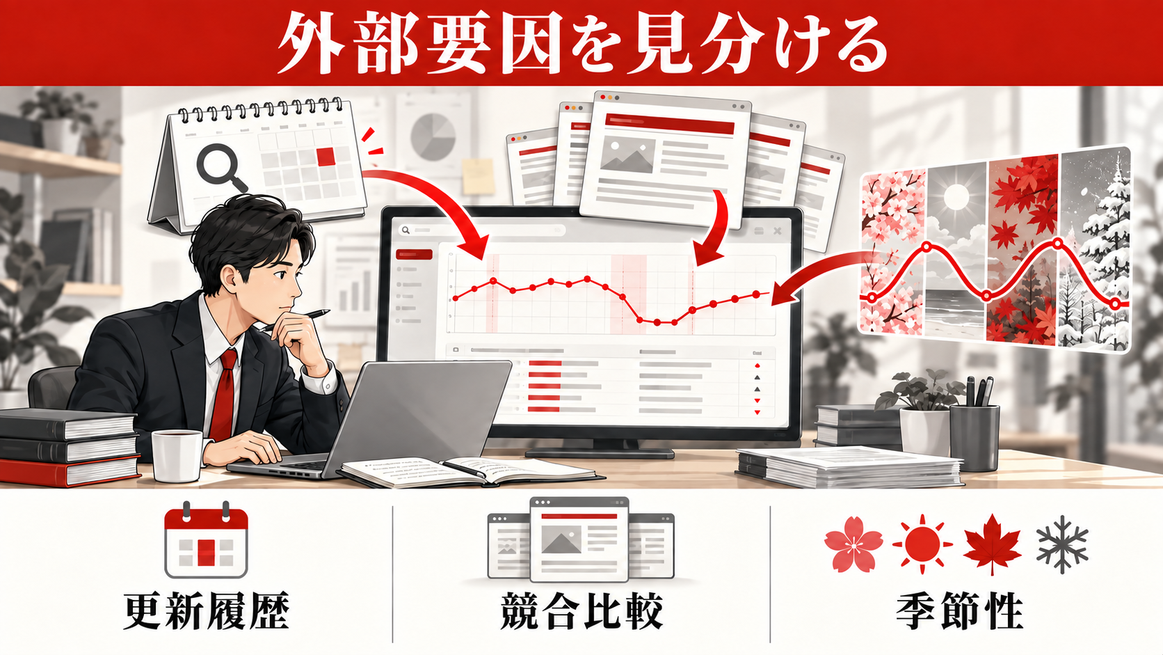 記事の検索順位が急に下がったら？原因の調べ方と復旧手順｜Googleの更新・競合・検索需要の変化を見分けるの図解