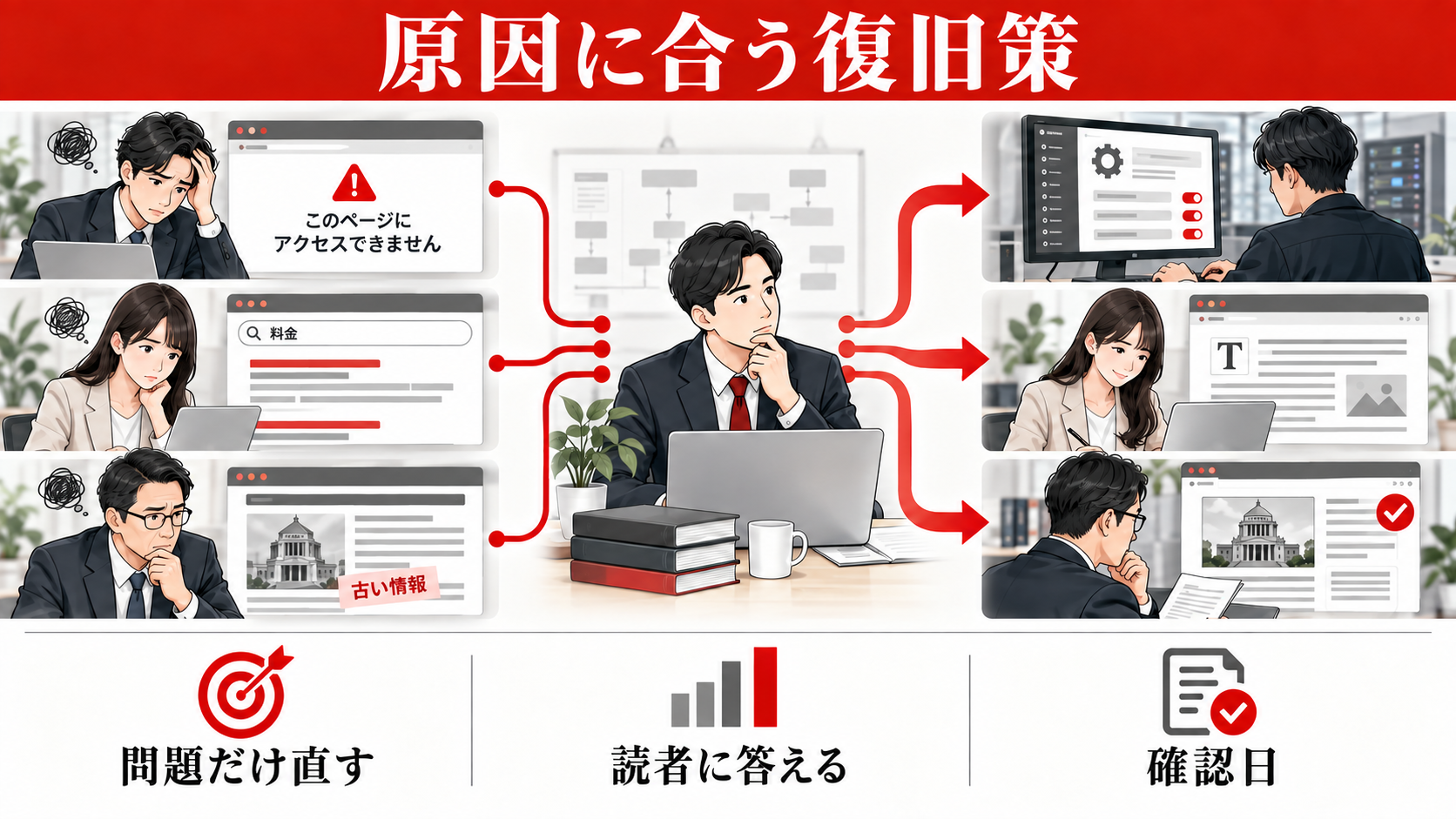 記事の検索順位が急に下がったら？原因の調べ方と復旧手順｜原因別の復旧策を選ぶの図解