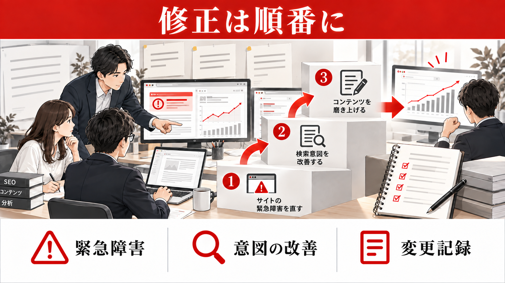 記事の検索順位が急に下がったら？原因の調べ方と復旧手順｜リライトを実行する順番と変更記録の残し方の図解