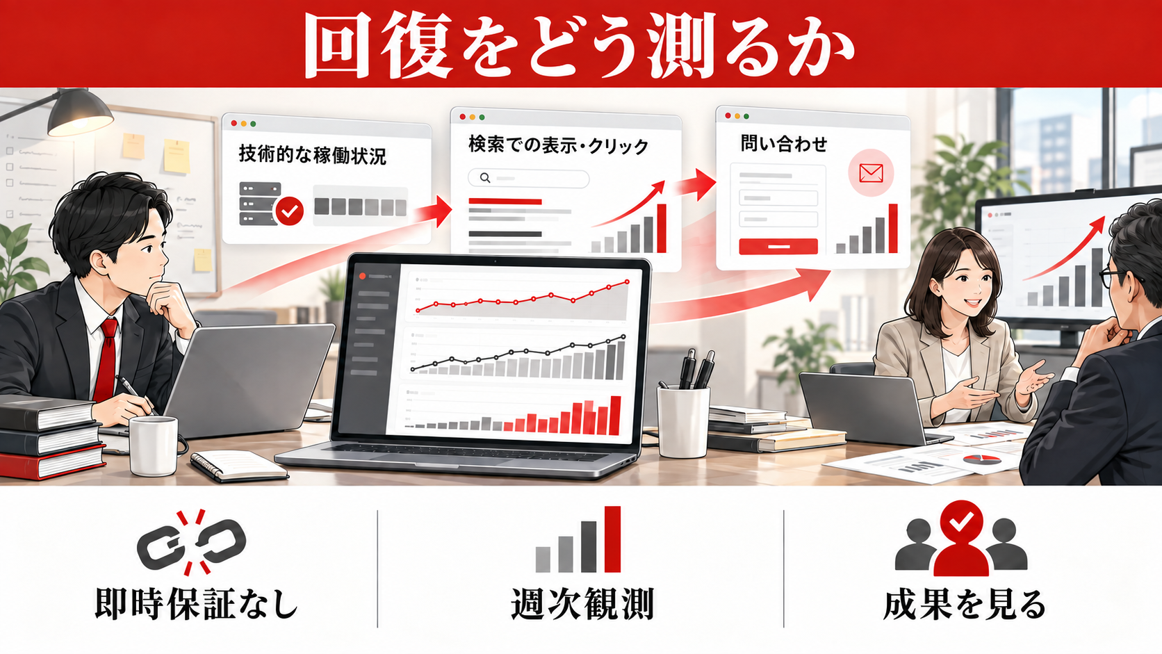記事の検索順位が急に下がったら？原因の調べ方と復旧手順｜回復までの期間と評価指標の図解
