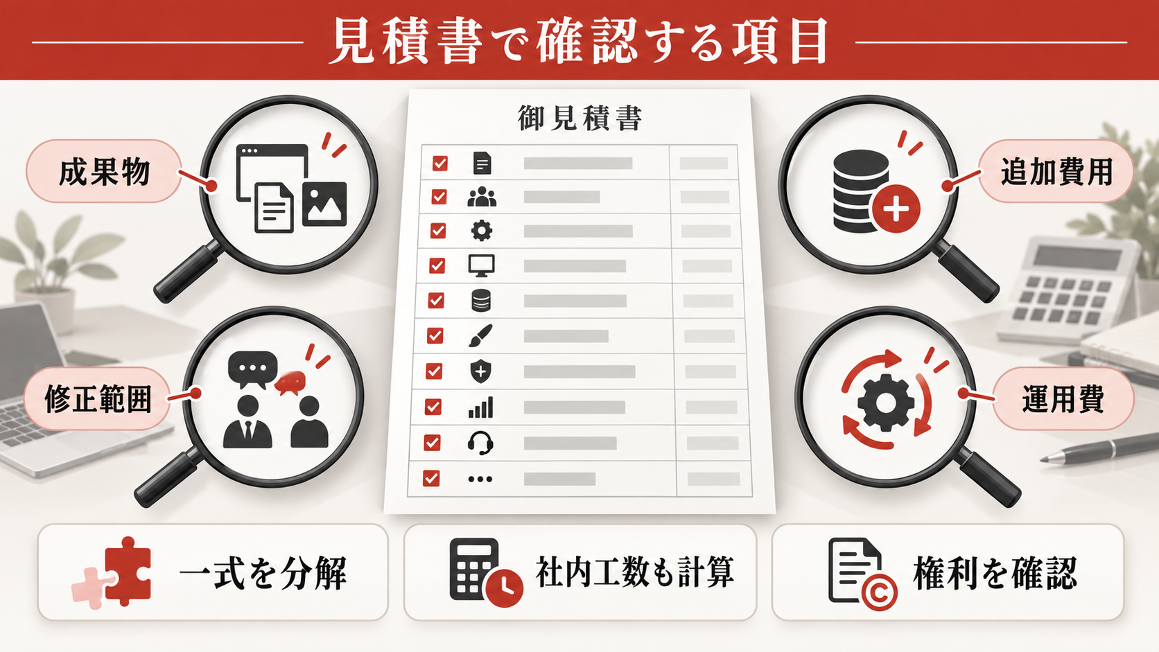 見積書で確認する十の項目の図解｜採用サイト制作の費用相場｜料金別にできることと制作会社の選び方