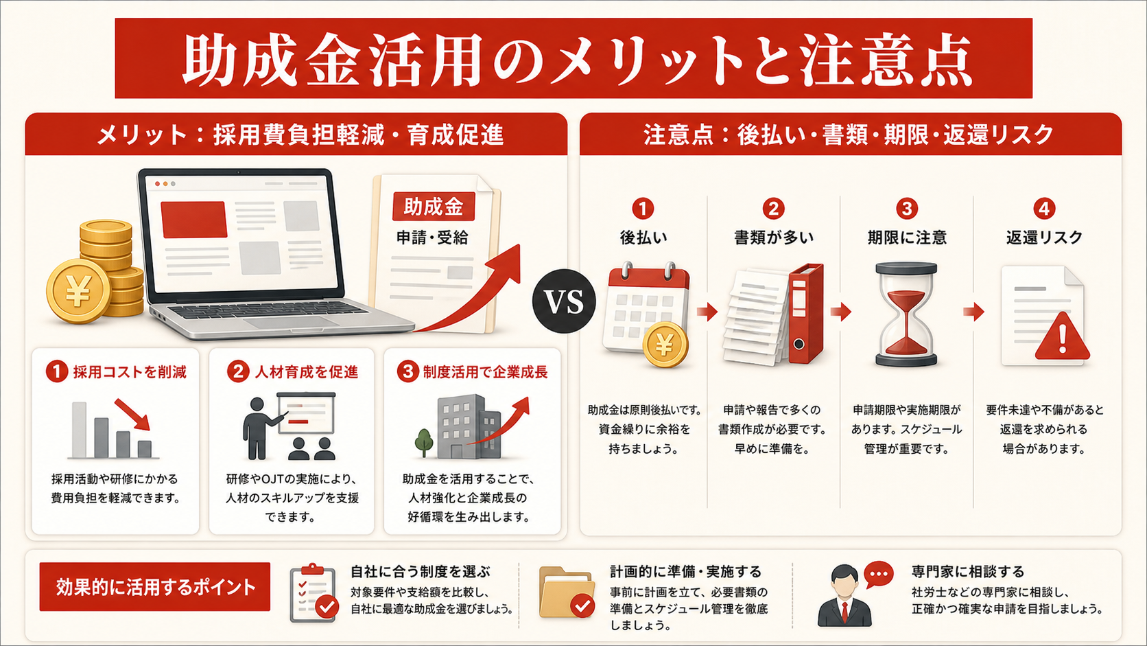 助成金活用のメリットと注意点を示す表(達人ラボ)