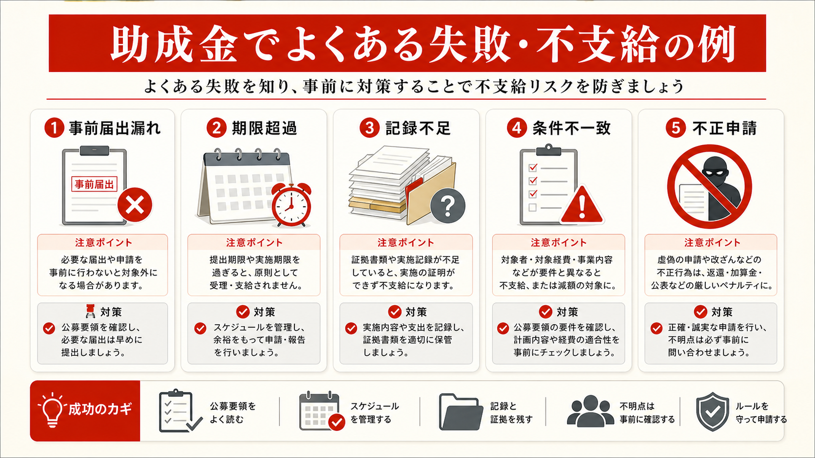 助成金でよくある失敗・不支給の例を示す表(達人ラボ)